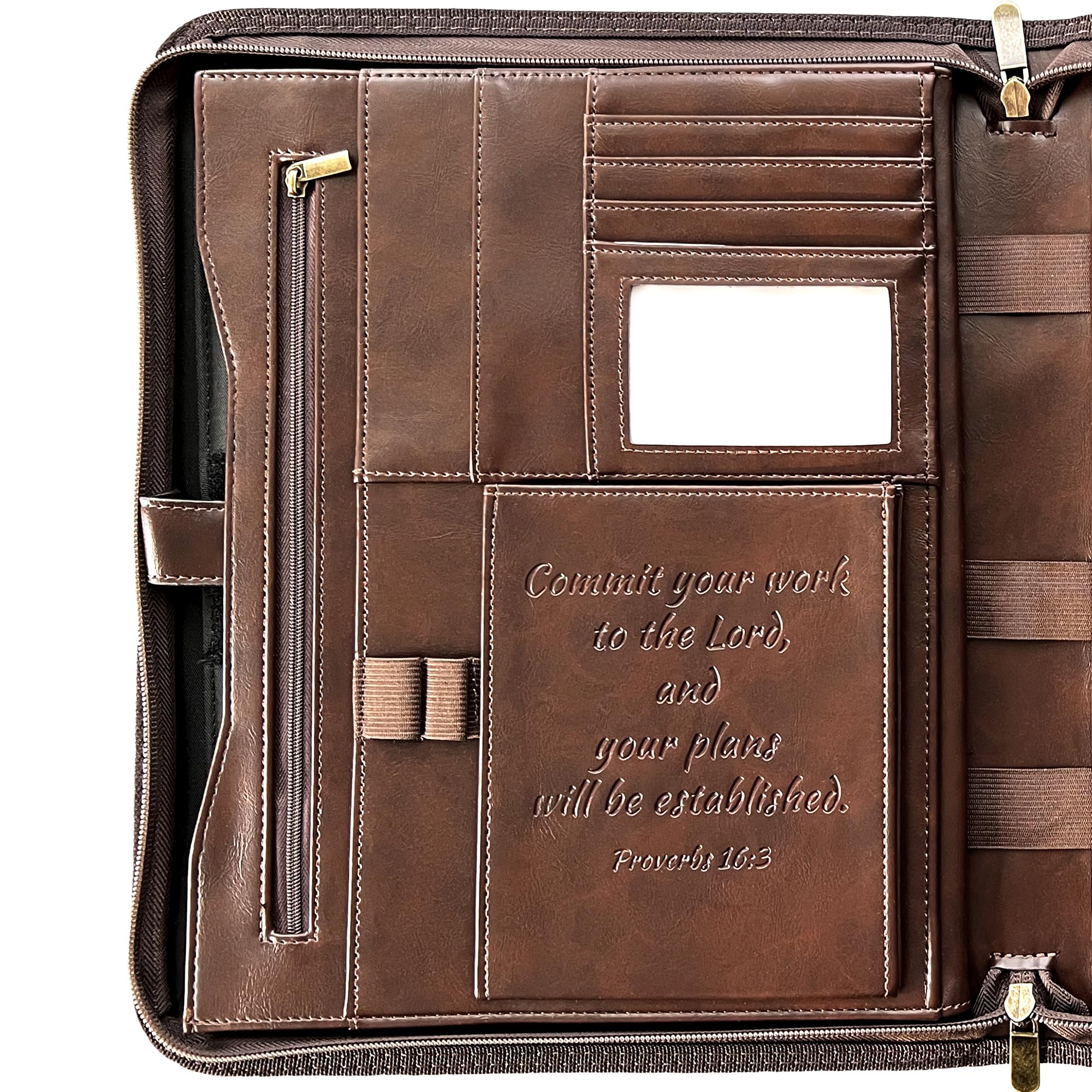 Premium DEHITE Leather Portfolio for Men & Women - Christian Religious Gifts, Zippered Bible Notebook Organizer with Laptop Pocket - Full Grain Brown Leather Padfolio - Perfect for Church, Bible Study, Business Meetings & Office Organization (Letter Size)