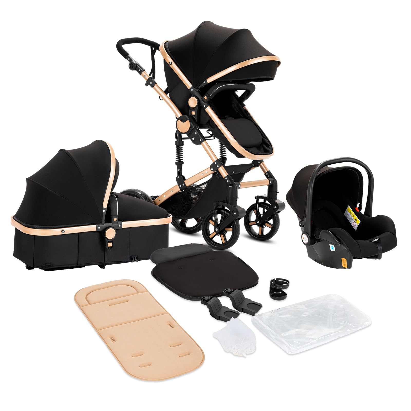 3 in 1 Baby Stroller Travel System Combo Set - Reversible Convertible Infant Stroller with One-click Folding, Lightweight Aluminum Frame Pram for Newborn & Toddler (MG588-BLACKGOLD without Base) | Perfect for Shopping, Travel & Daily Walks