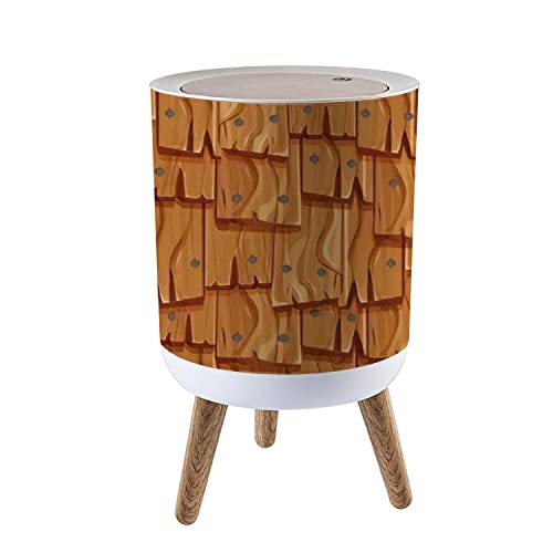 Vintage Round Trash Can with Press Lid - Wooden Roof Cover, Rustic Plank Design with Nails - 7L/1.8 Gallon Small Garbage Bin - Dog-Proof Wastebasket with Wooden Legs - Perfect for Kitchen, Bathroom, Office & Outdoor Use