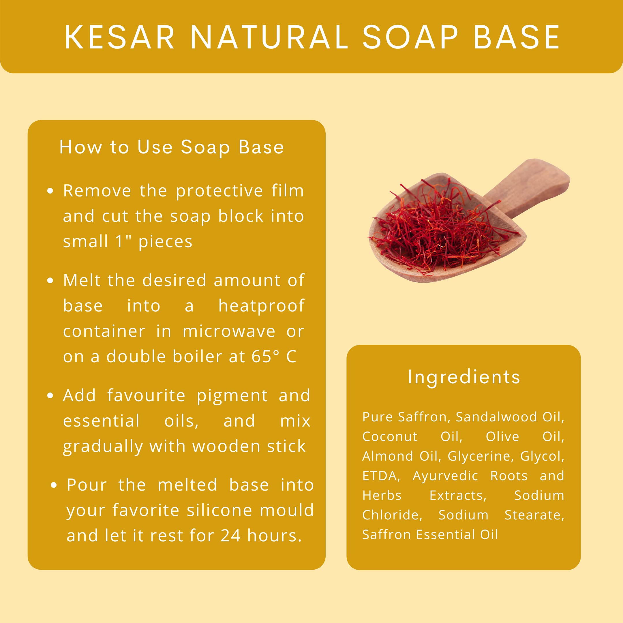 VEDANUM Kesar Ultra Premium Melt and Pour Saffron Soap Base for Soap Making - 500 Gm (Sulfate & Paraben Free) - Handmade Soap Crafting, DIY Skincare, Gift for Her, Spa & Bath Luxury