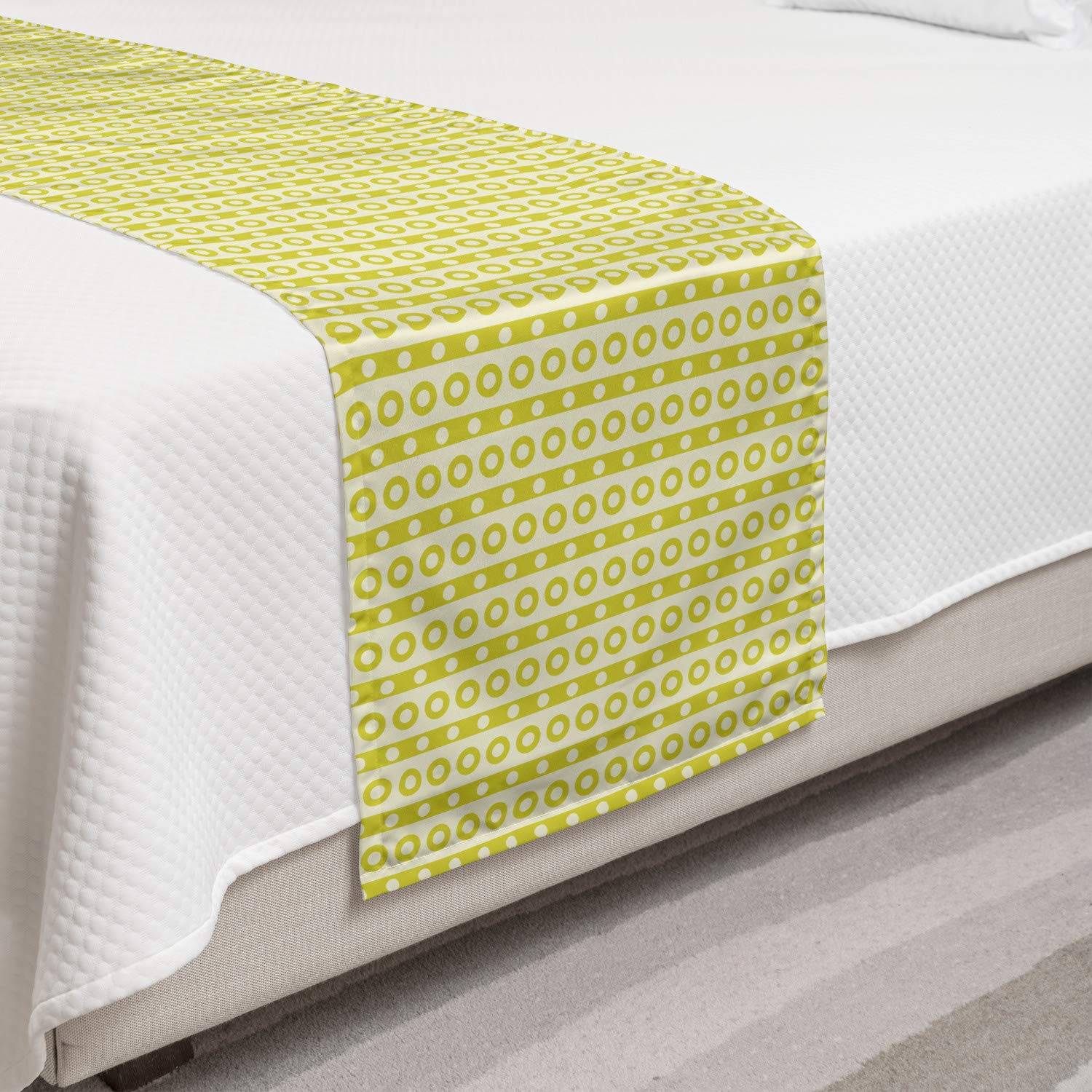 Ambesonne Retro Bed Runner - Vertical Stripes with Polka Dots & Circles Geometric Pattern, Decorative Accent Bed Scarf for Hotels, Homes & Guest Rooms in Avocado Green & Cream | Perfect for Vintage Bedroom Decor, Boho Chic Styling & Guest Room Makeovers