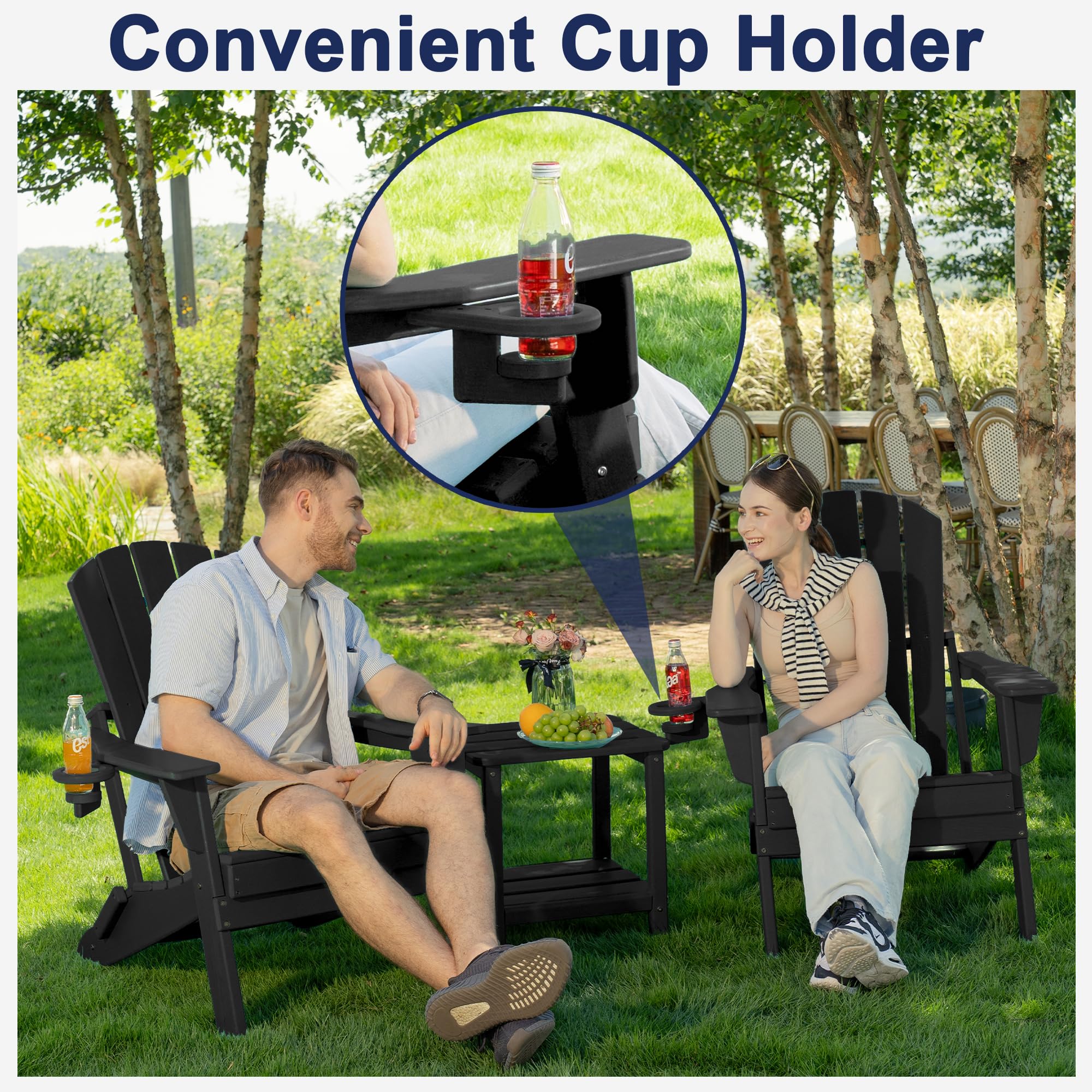 Heavy Duty Folding Adirondack Chair - All-Weather HDPE Wooden Textured Outdoor Furniture with Cup Holder, SGS Certified - Perfect for Poolside, Backyard, Patio, Garden & Lawn Relaxation (Black)