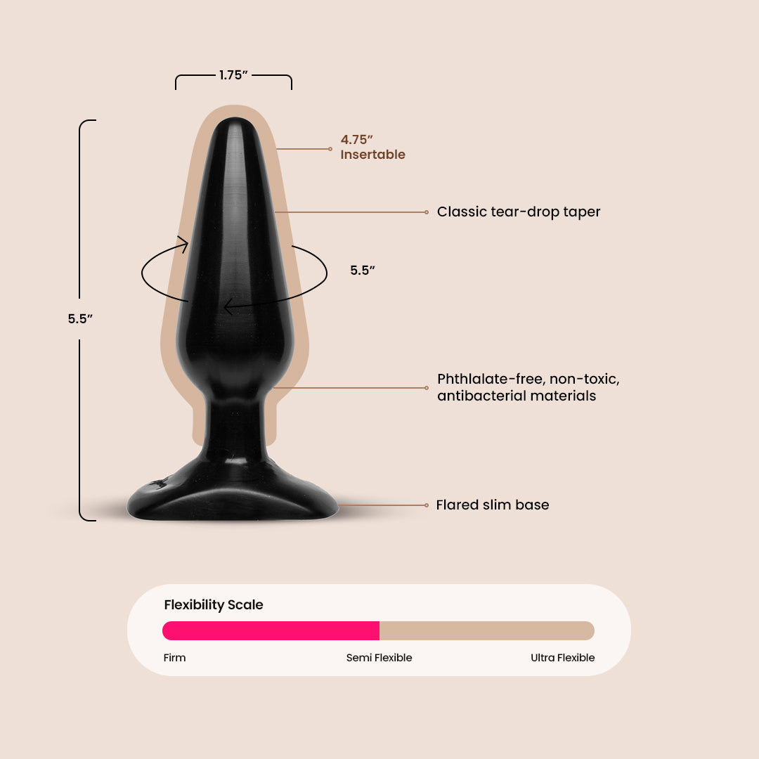 Doc Johnson Classic Medium Black Butt Plug with Tapered Tip - Comfortable Silicone Anal Plug for Beginners & Experienced Users - Perfect for Couples Play & Solo Exploration