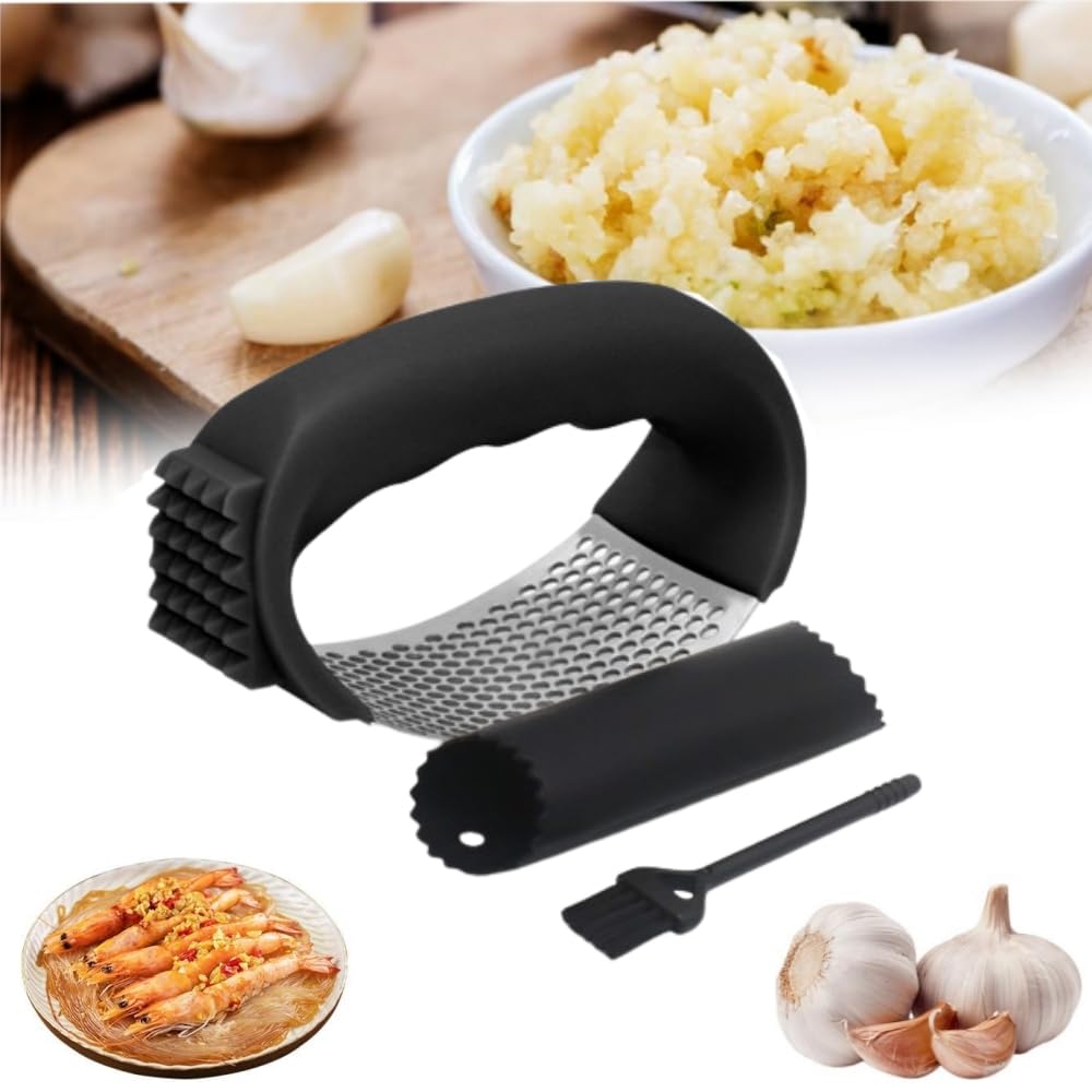 Premium Stainless Steel Garlic Press & Mincer - Heavy Duty Rocker Garlic Crusher with Ergonomic Handle for Effortless Peeling & Chopping - 2024 Upgraded Kitchen Gadget for Cooking, Baking & Meal Prep (Black)