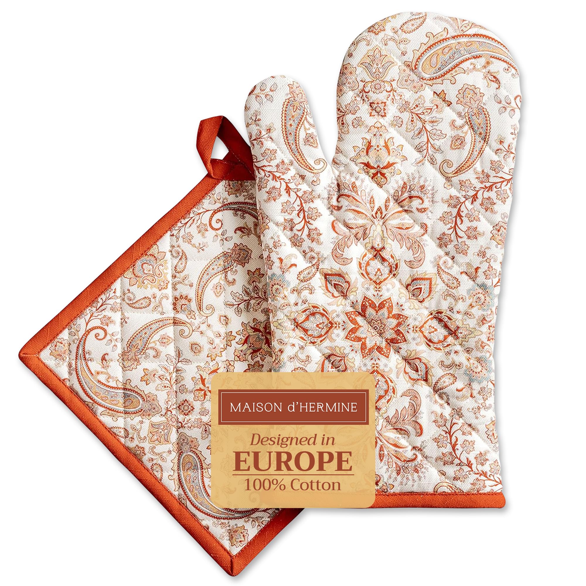 Hermine Cotton Oven Mitt & Pot Holder Set - Thick Heat-Resistant Kitchen Gloves (7.5x13 & 8x8 Inches) for Baking, BBQ, Cooking - Soft Durable Cachemire Material - Perfect for Thanksgiving, Christmas & Holiday Cooking Gifts