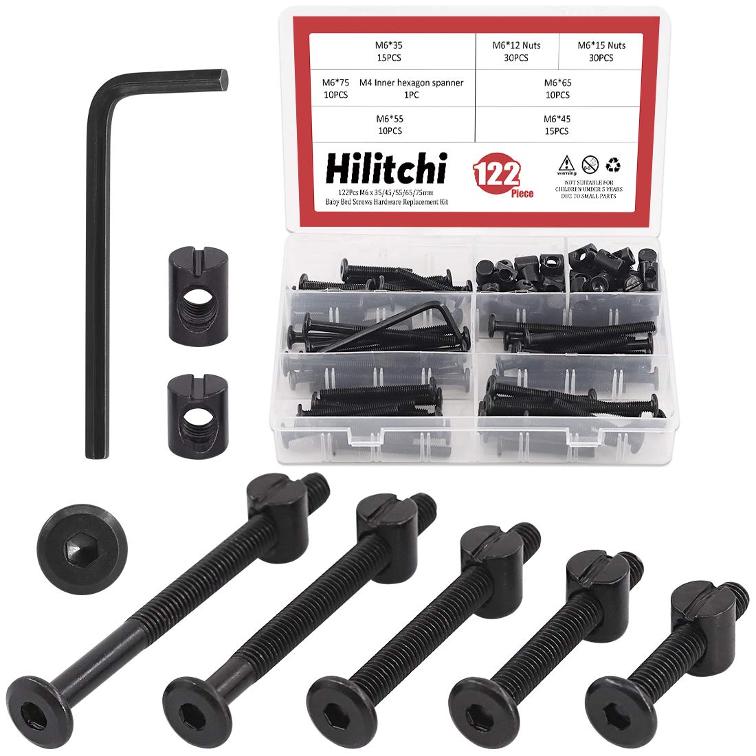 Hilitchi M6 120Pcs Black Hex Screws Bolts Kit for Baby Bed Furniture - Cribs & Chairs Hardware