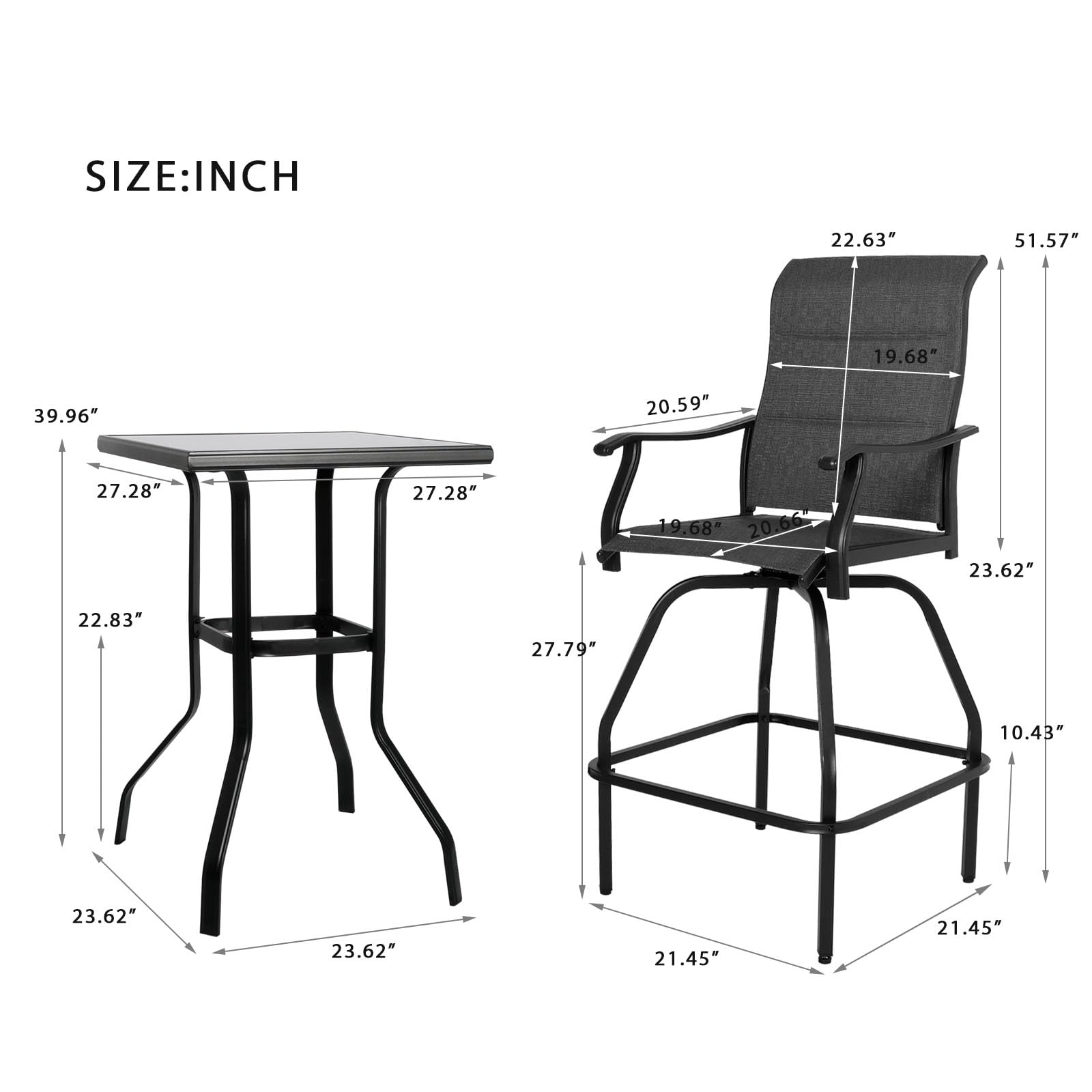 LEVELEVE 3-Piece Patio Bar Set with Swivel Bar Stools & Height-Adjustable Table - Outdoor Bistro Furniture, Textilene All-Weather, Grey Padded (Perfect for Backyard, Deck, Poolside & Garden Relaxation)