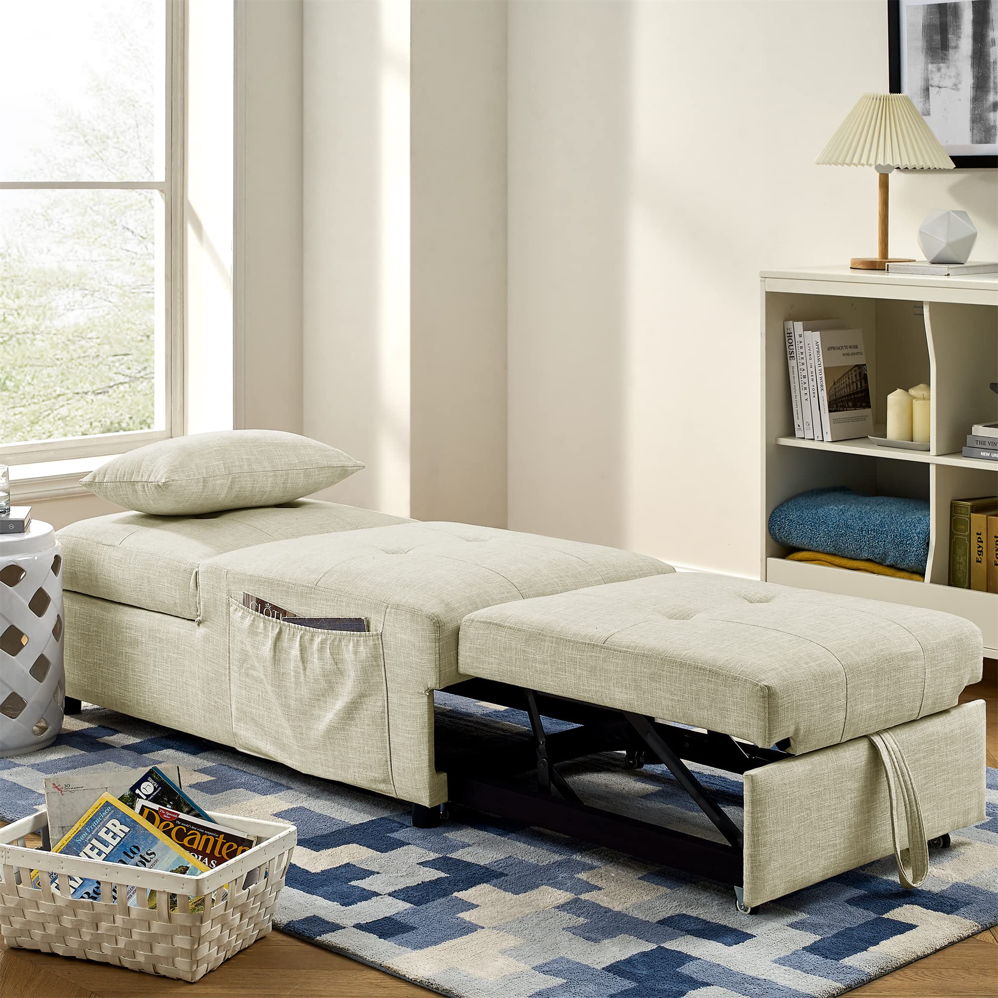 4-in-1 Convertible Sleeper Sofa Bed - Ottoman, Folding Chair, Chaise Lounge & Sofa Bed with Pillow - Space-Saving Furniture for Small Apartments, Living Rooms & Guest Rooms (Beige) - Perfect for Studio Apartments, Dorm Rooms & Home Offices