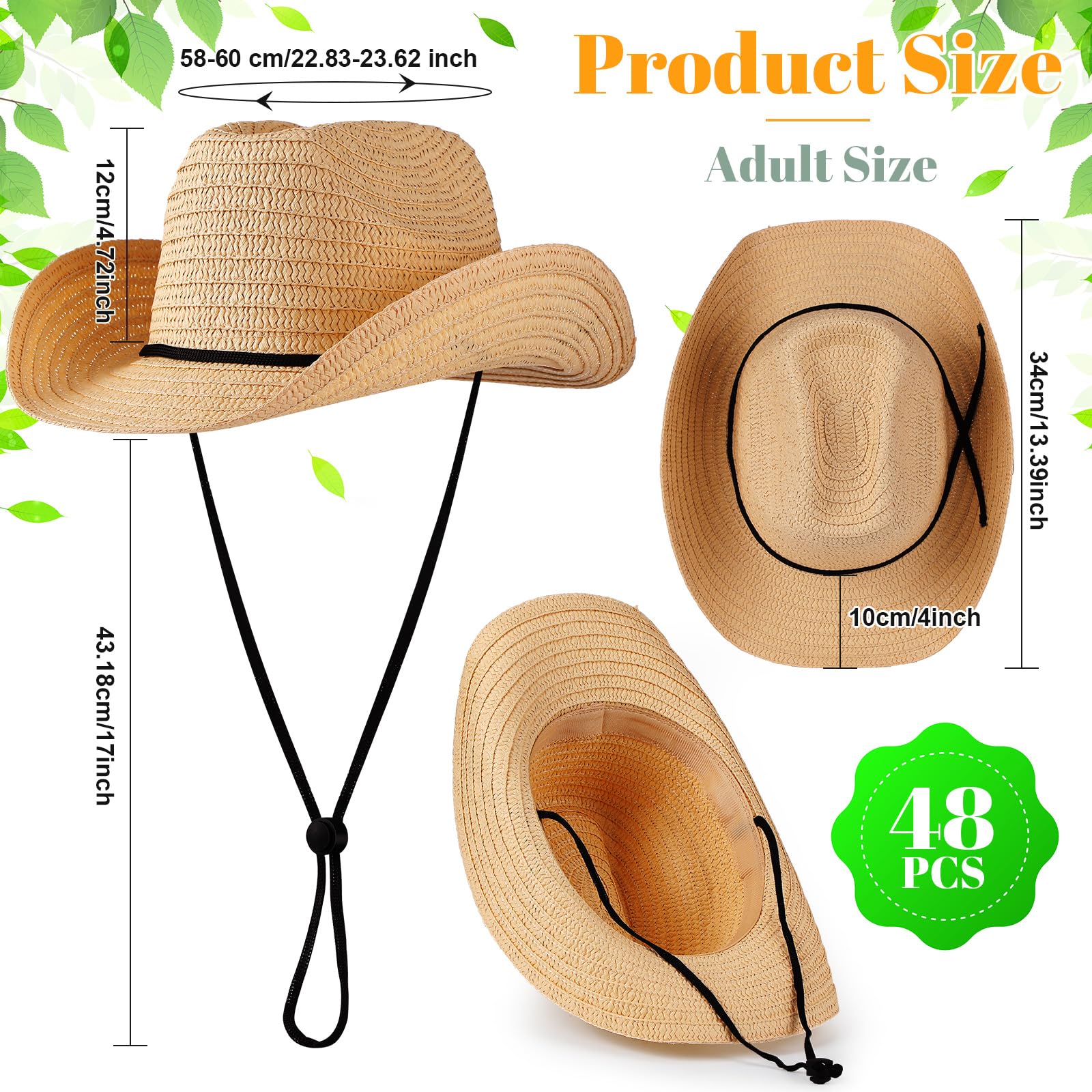 48 Pcs Bulk Cowboy Hats for Adults - Western Style Straw Sun Hats for Men & Women - Perfect for Country Parties, Rodeo Events & Outdoor Festivals