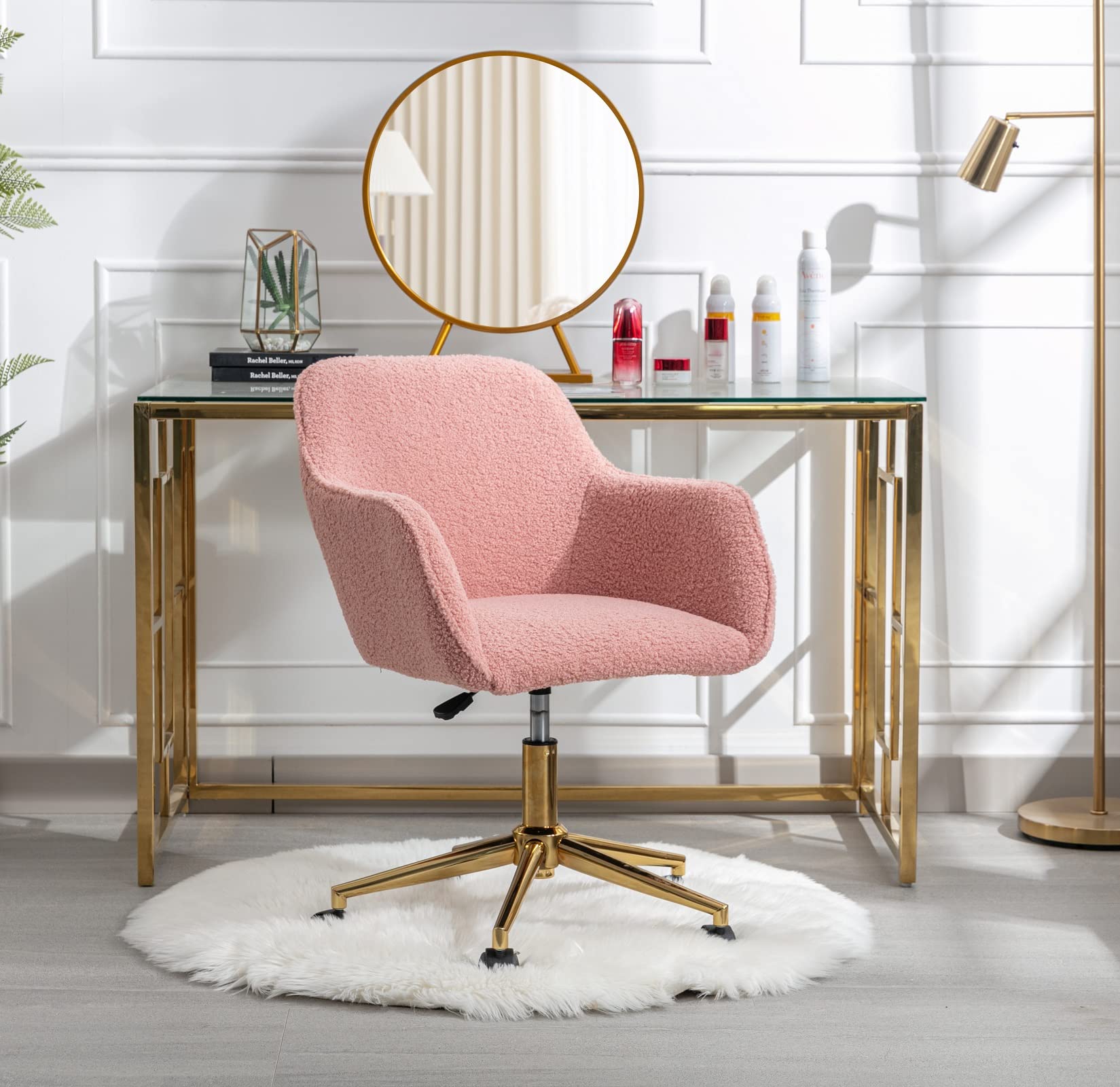 Luxury Faux Fur Swivel Office & Home Desk Chair - Modern Tufted Seat with Golden Base, Elegant Vanity & Kids Task Chair in Pink - Perfect for Home Office, Bedroom & Study Room