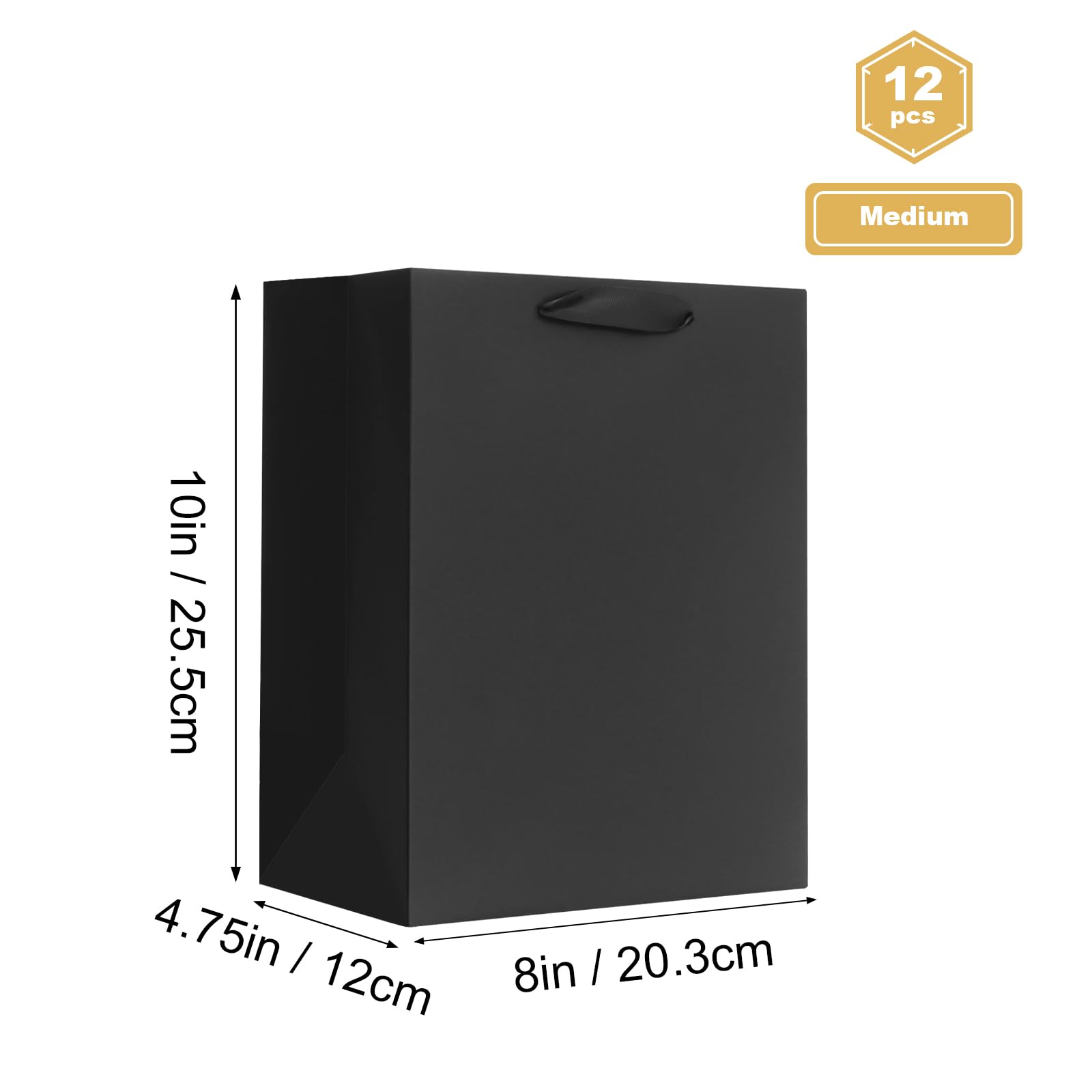 12 Pack Black Gift Bags with Ribbon Handles - 8x4.75x10 Inch Medium Kraft Paper Bags for Party Favors, Business Gifts, Weddings, Holidays & Christmas - Perfect for Birthday Parties, Corporate Events and Festive Celebrations