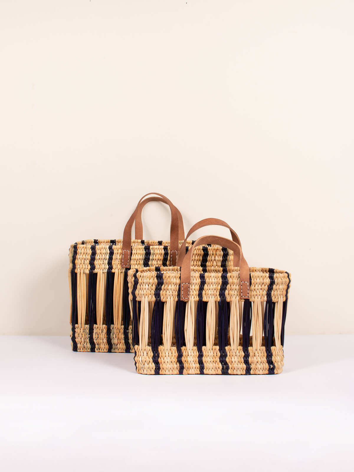 Handwoven Decorative Reed Basket with Indigo Stripes - Natural Storage Solution for Home, Office, and Gift Giving