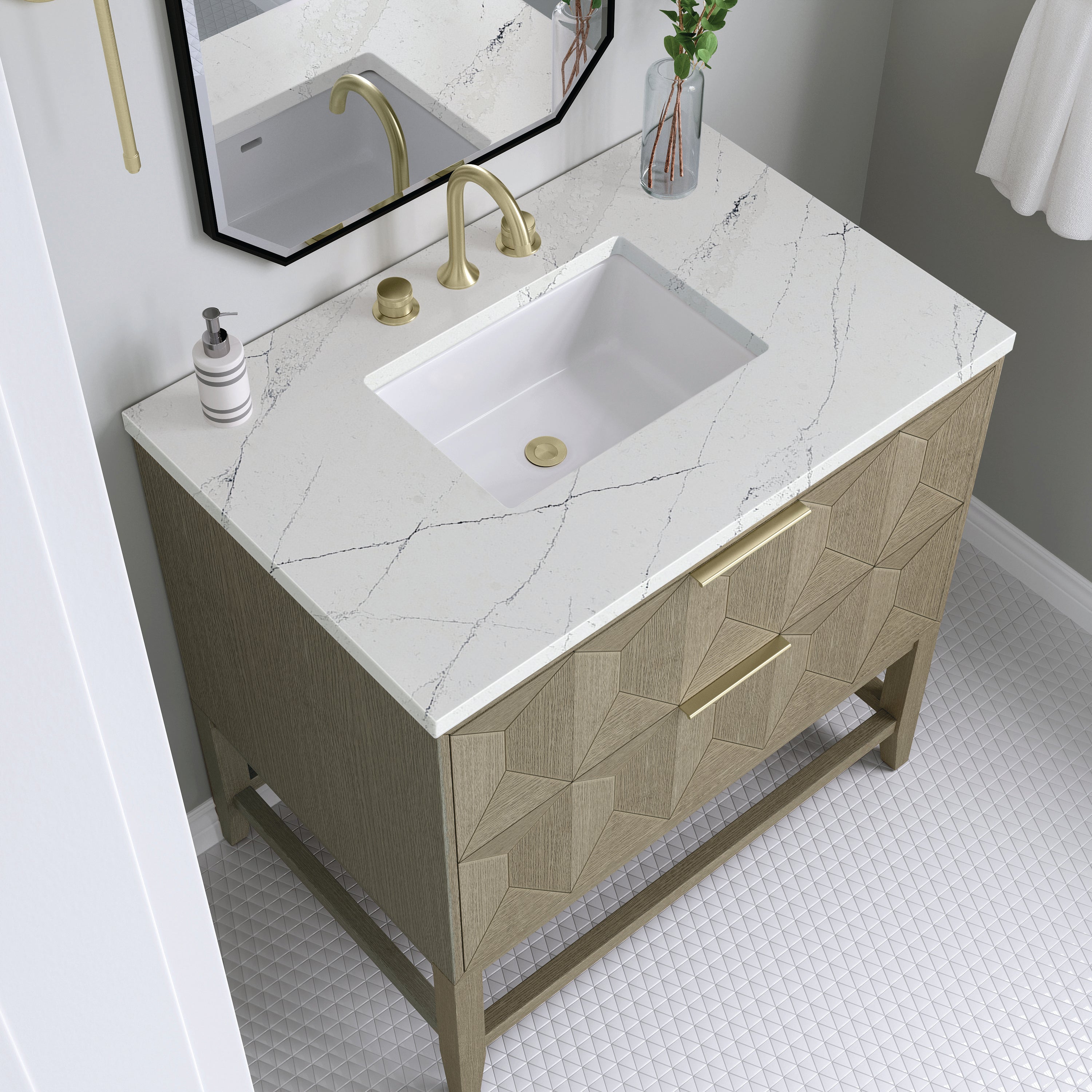 Emmeline 36 Inch Single Bathroom Vanity with Pebble Oak Finish & 3CM Ethereal Noctis Countertop - Perfect for Modern Master Bathrooms & Powder Rooms