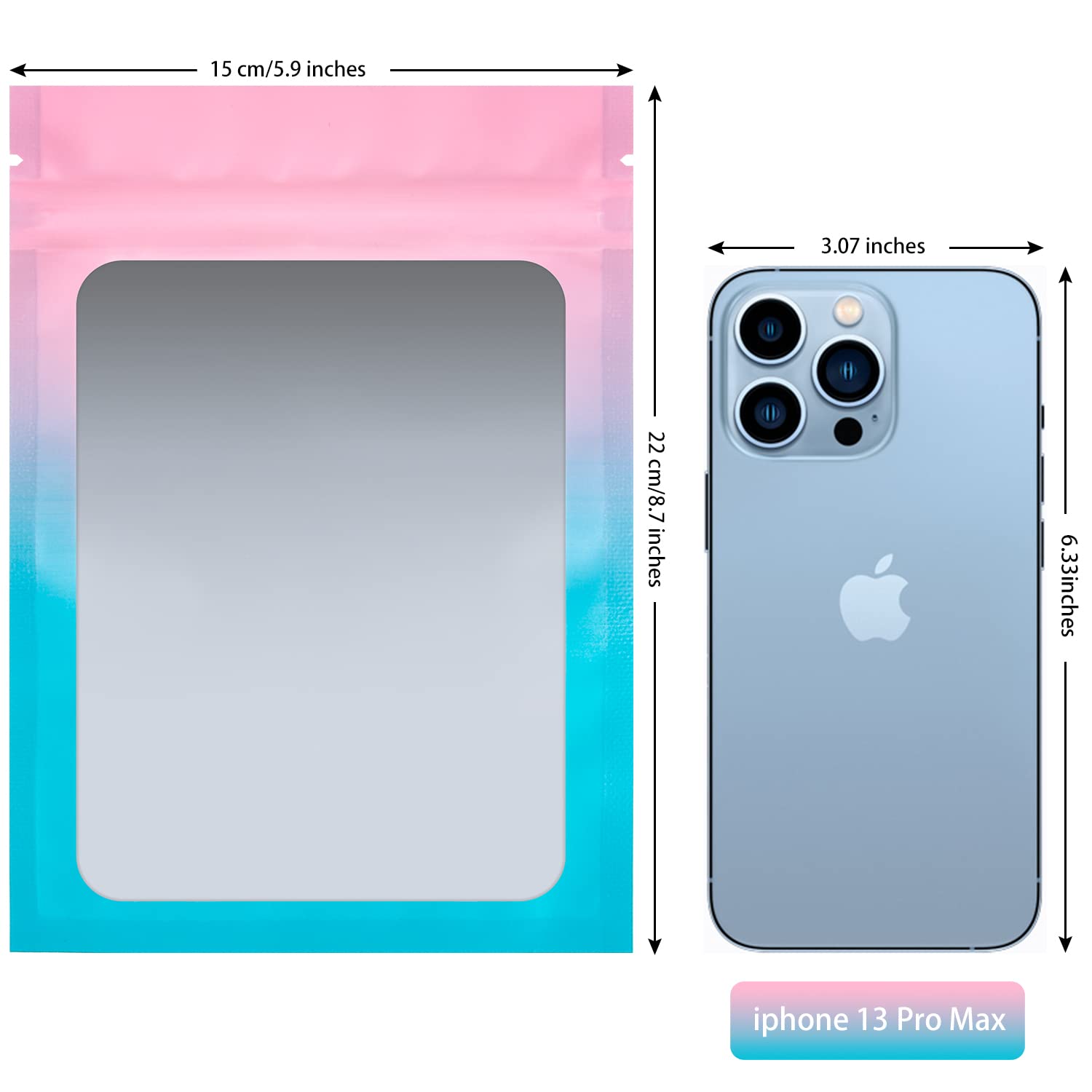 100 Pack Smell Proof Mylar Bags 5.9 x 8.7 Inch - Airtight Foil Pouch with Clear Window, Flat Matte Gradient Design (Pink/Blue) - Ideal for Food Storage, Travel, and Organizing Small Items