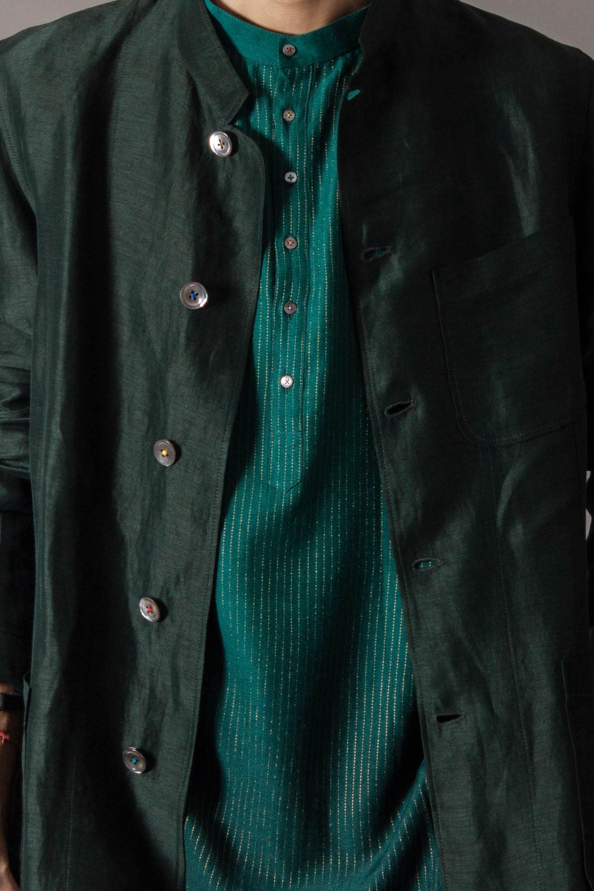 Elegant Bandhgala Jacket in Satin Linen - Deep Forest Green for Men | Perfect for Weddings, Parties & Formal Events