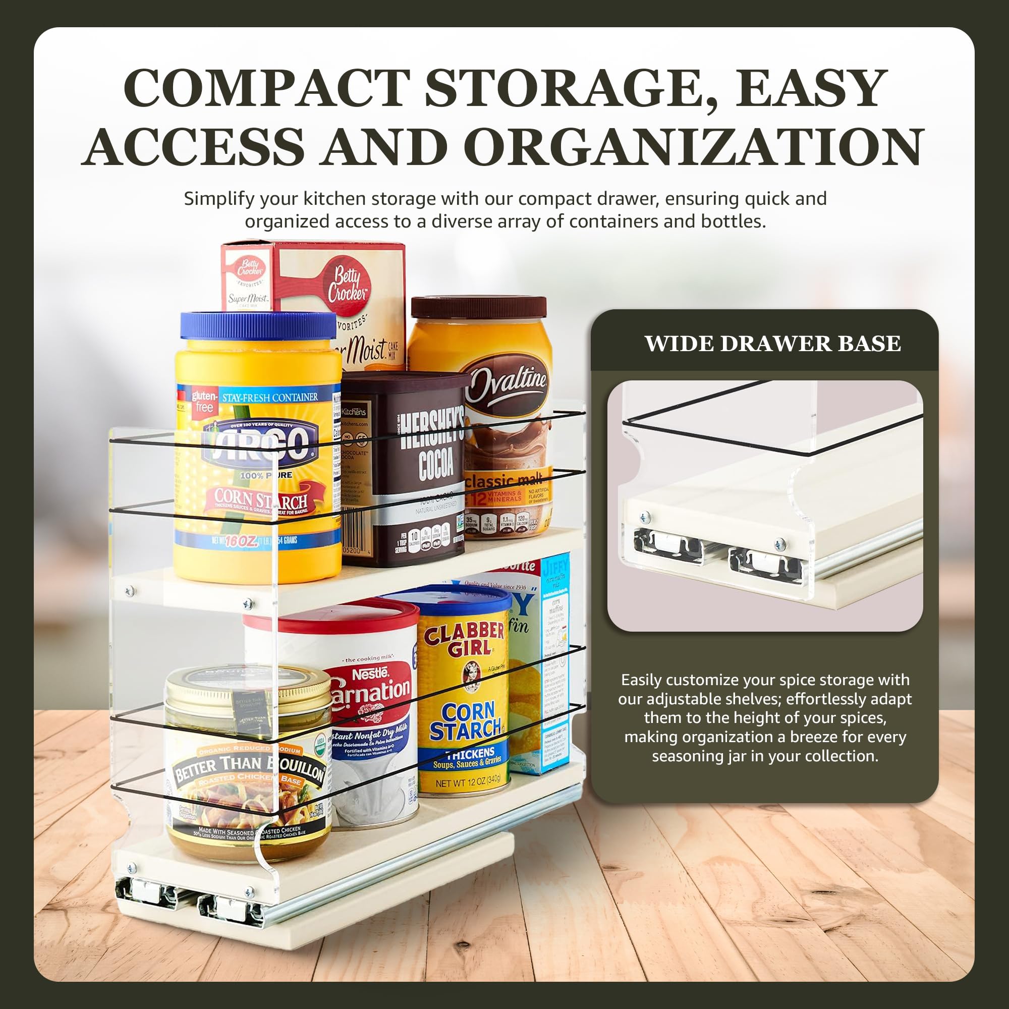 Heavy Duty Pull Out Spice Rack Drawer Organizer - 2 Tier Vertical Spice Storage for Cabinet & Pantry (13.8