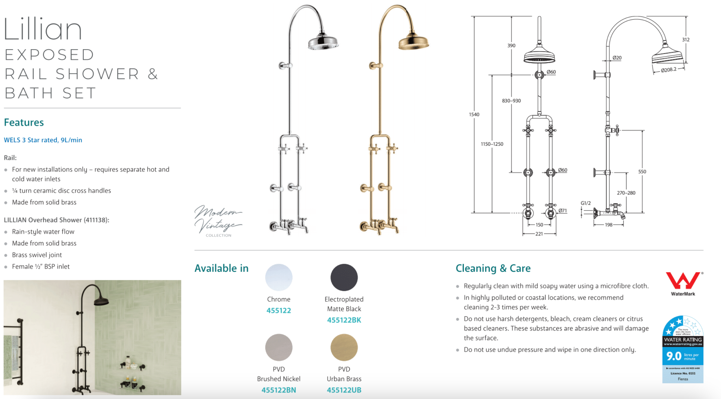 Fienza 455122 Lillian Exposed Rail Shower & Bath Set in Chrome - Modern Bathroom Fixture for Spa-Like Shower Experience