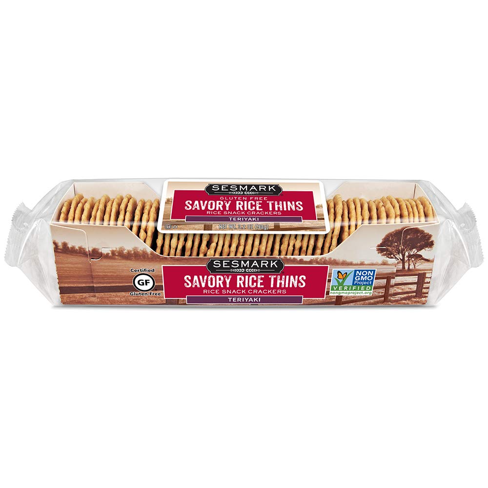Gluten Free Sesmark Rice Thins Teriyaki Flavor - Non GMO Project Verified - 3.2 Oz (Pack of 12) - Healthy Snack for School Lunch, Office Break & On-The-Go