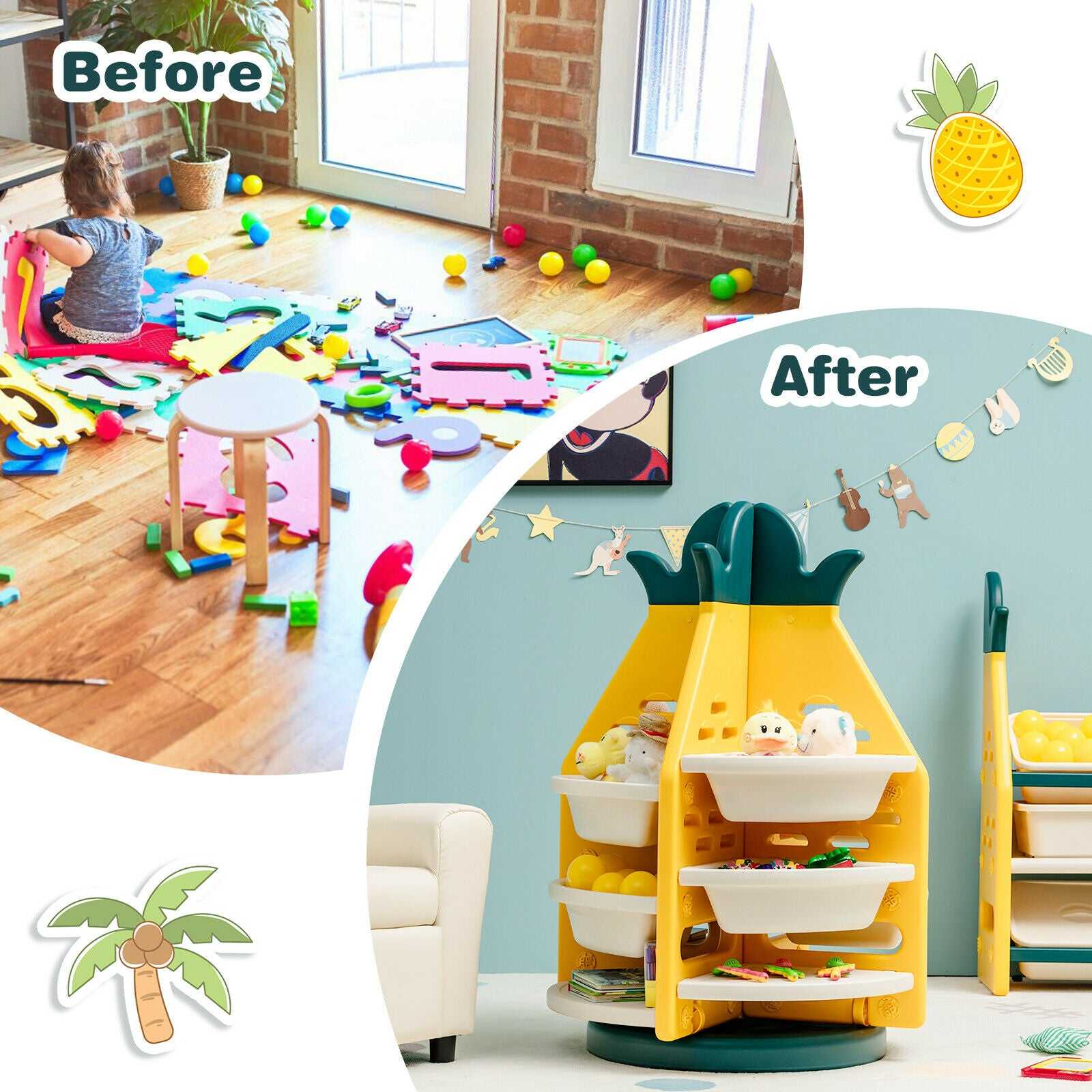 360° Rotating Kids Toy Storage Cabinet - Pineapple Themed Organizer Shelf for Playroom, Nursery & Kids Bedroom Organization