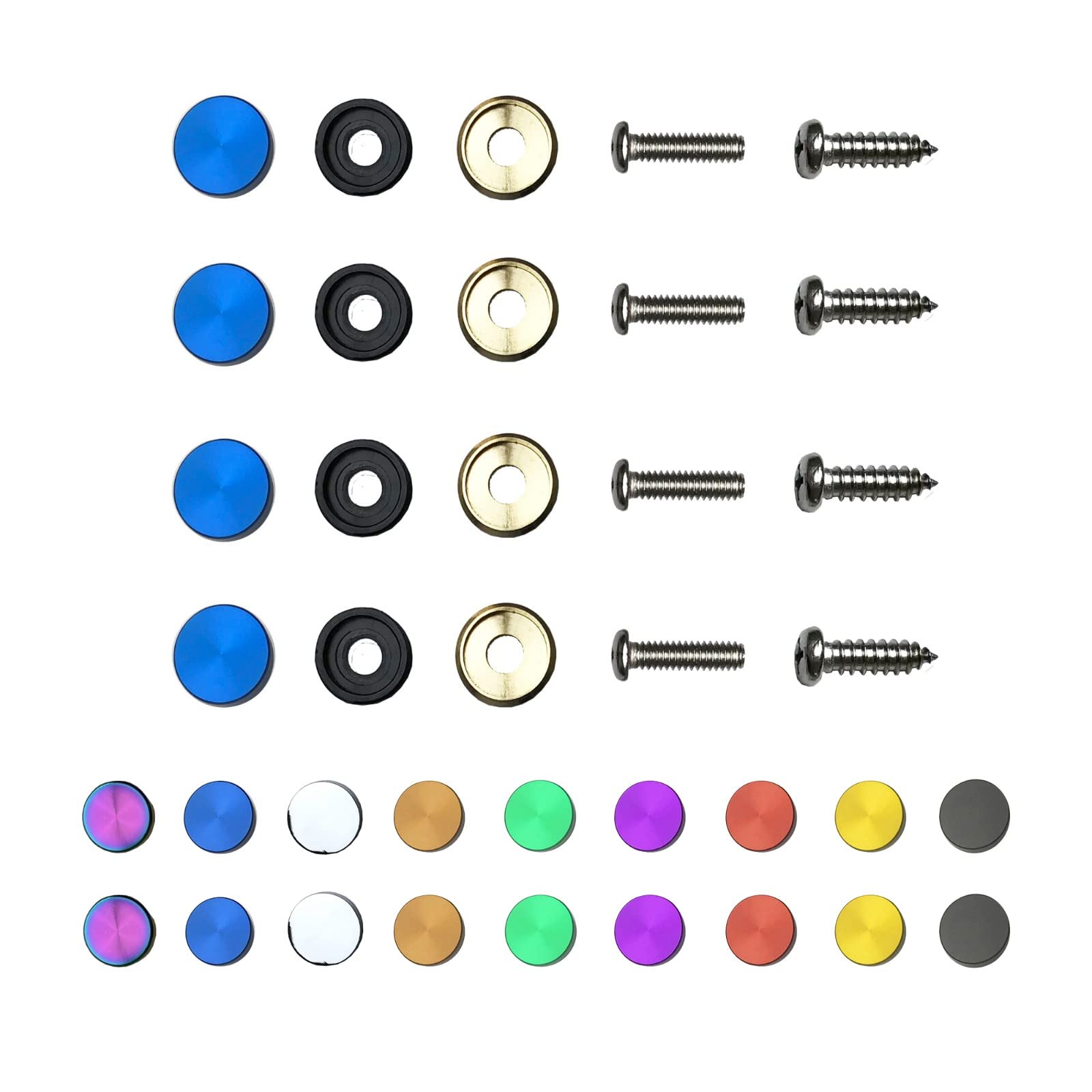 Stainless Steel License Plate Screws - Set of 4 Rustproof M6 Self-Tapping Fasteners with Aluminum Caps for Car, Truck, SUV (Blue) - Secure Front/Rear Plates, Frames & Covers in All Weather Conditions