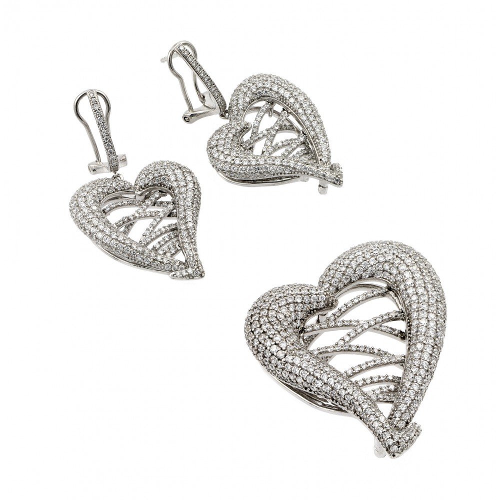 Sparkling Clear Micro Pave Cubic Zirconia Heart Earrings & Necklace Set - Rhodium Plated Sterling Silver Jewelry for Women - Perfect for Valentine's Day, Anniversary & Romantic Gifts