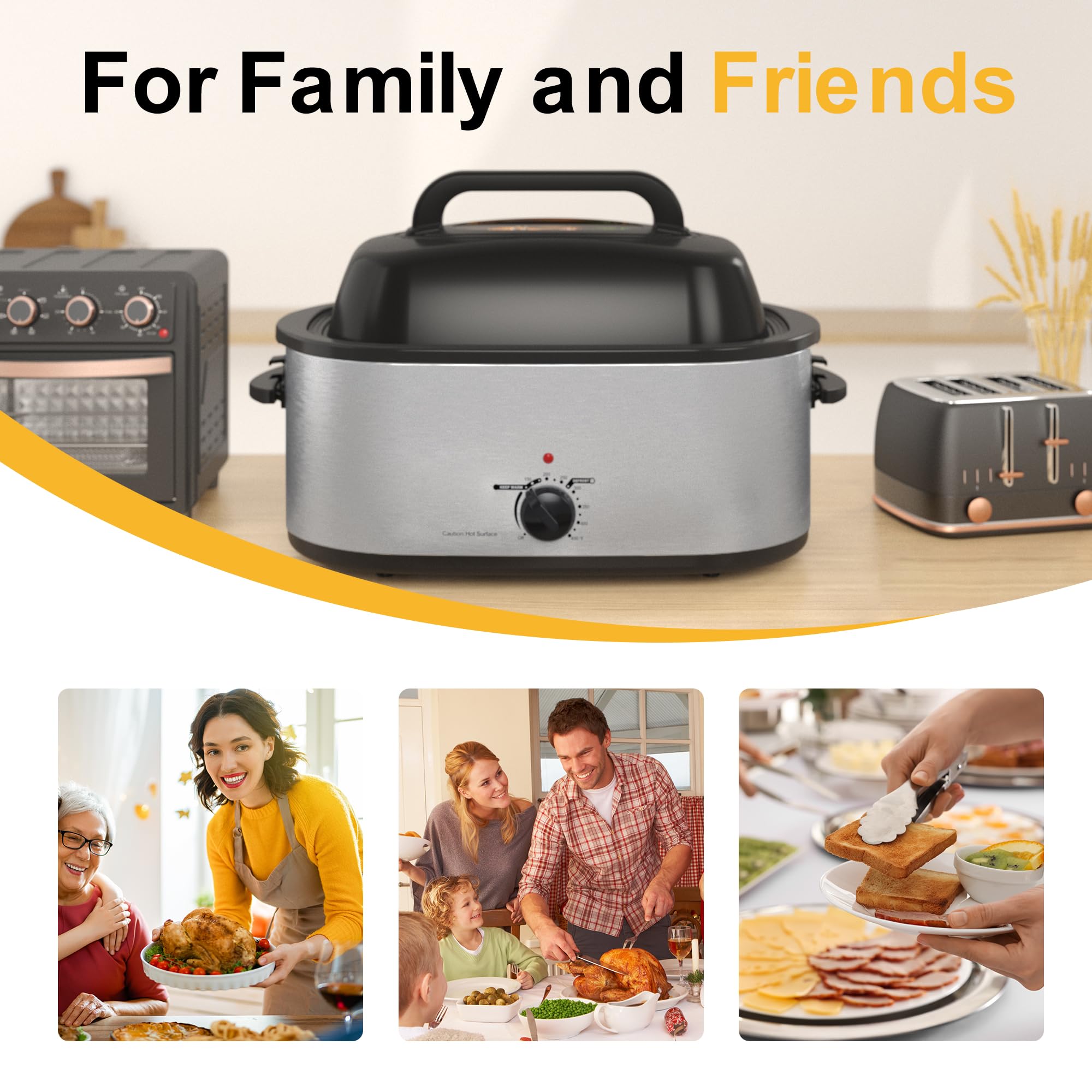 28 Quart Electric Roaster Oven with Self-Basting Glass Lid & Removable Rack - Large Stainless Steel Turkey Roaster Pan with Defrost & Warm Function - Fits 30LB Turkey - Perfect for Holiday Dinners, Family Gatherings & Catering Events