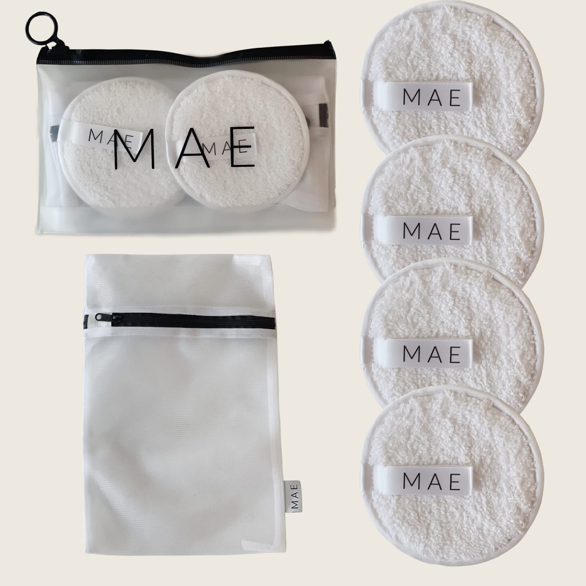 MAE Reusable XL Makeup Remover Pads Set of 4 with Travel Bag & Laundry Bag | Eco-Friendly Washable Cotton Rounds for Eye & Face Makeup Removal | Perfect for Travel, Daily Skincare & Sustainable Beauty Routine
