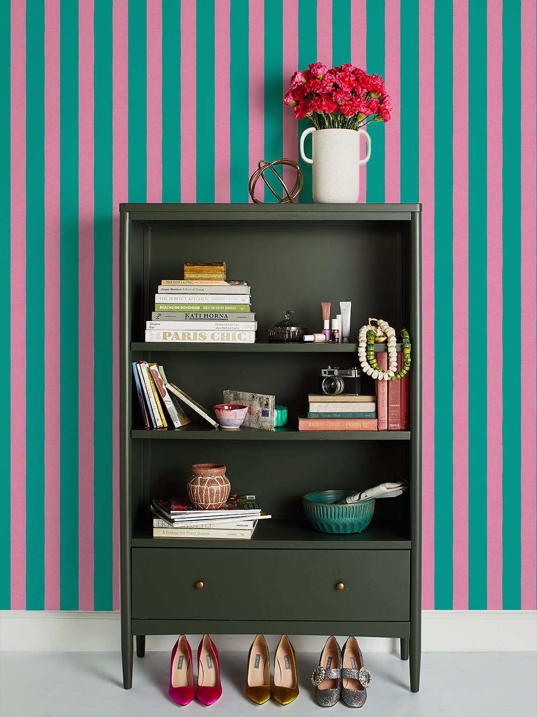 Sarah Jessica Parker 'Grosgrain Stripe' Wallpaper - Teal & Blush Textured Design | Perfect for Living Room, Bedroom or Home Office Decor