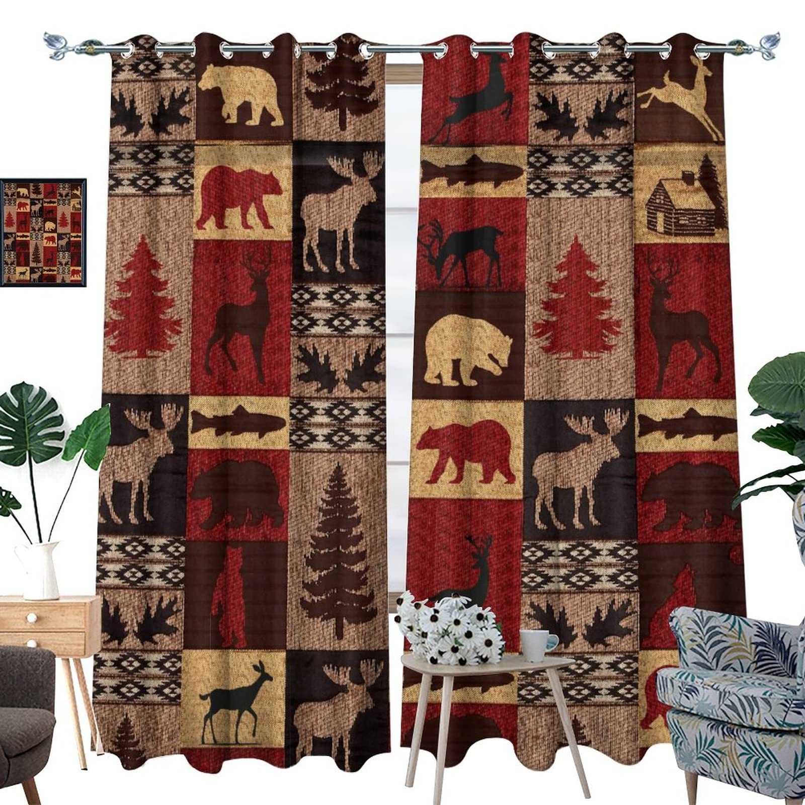 Retro Rustic Bear Deer Blackout Curtains - Farmhouse Cabin Bear Moose Red Black Buffalo Check Plaid Grommet Window Drapes, Thermal Insulated Energy Saving Curtain Set for Living Room, Nursery, Bedroom & Cabin - Perfect for Cozy Winter Nights and Light Blocking