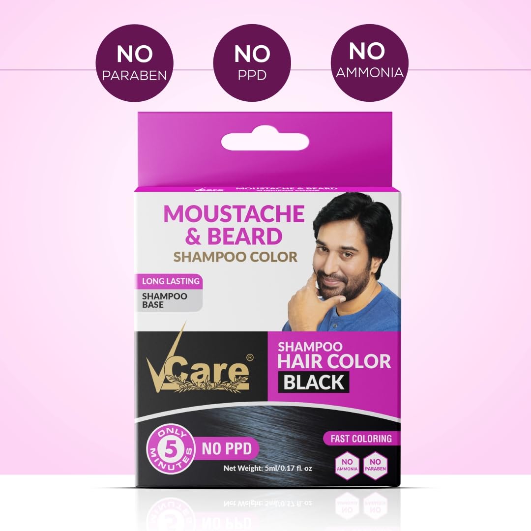 VCare Moustache & Beard Color Shampoo for Men - Natural Black Hair Dye Conditioner | Ammonia-Free, Paraben-Free, PPD-Free | 5ml (Pack of 10) | Perfect for At-Home Grooming & Touch-Ups