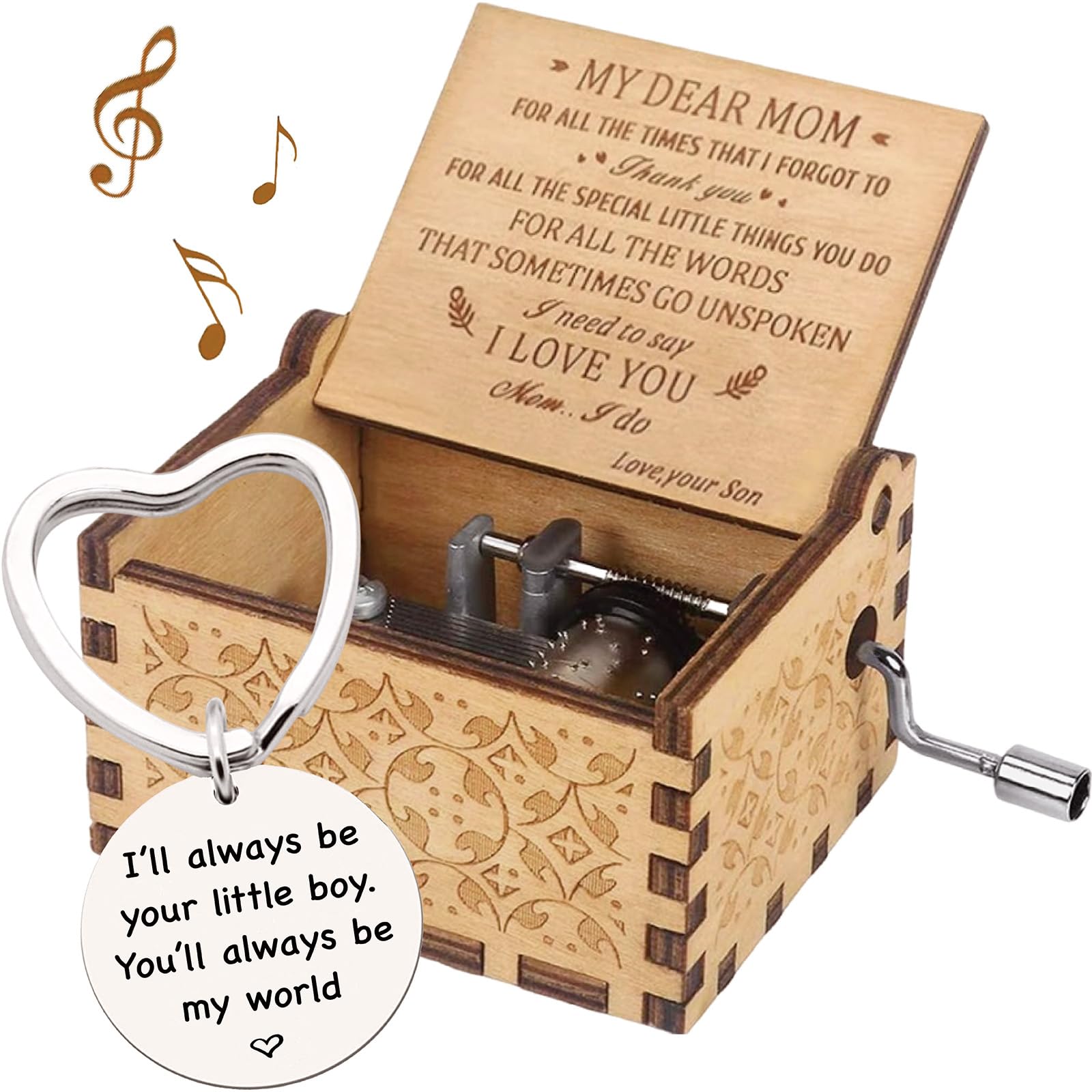 Wooden Music Box for Mom - Hand Crank 'You Are My Sunshine' Musical Gift from Son - Perfect for Birthday, Mother's Day, Christmas & Valentine's - Heartwarming Keepsake Keychain for Special Occasions