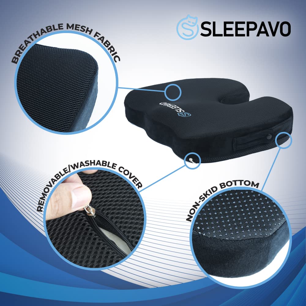 Sleepavo Black Memory Foam Seat Cushion with Cooling Gel - Orthopedic Office Chair Cushion for Sciatica, Coccyx & Lower Back Pain Relief - Ergonomic Lumbar Support for Desk, Car & Wheelchair - Perfect for Work, Driving & Long Sitting Sessions