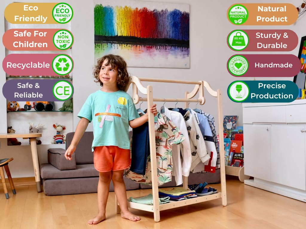 Montessori Kids Wooden Wardrobe & Clothing Rack Set - Premium Toddler Furniture for Bedroom | Child Room Clothes Organizer with Dress-Up Station | Perfect for Montessori Learning & Playroom Storage