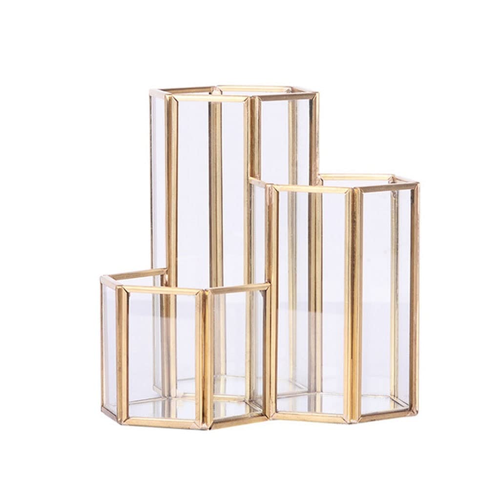 Hexagonal Glass and Copper Pen Holder - Multifunctional Desktop Storage Box for Office, Cosmetic Brushes, and Accessories | Perfect for Home, Office, and Makeup Organizer