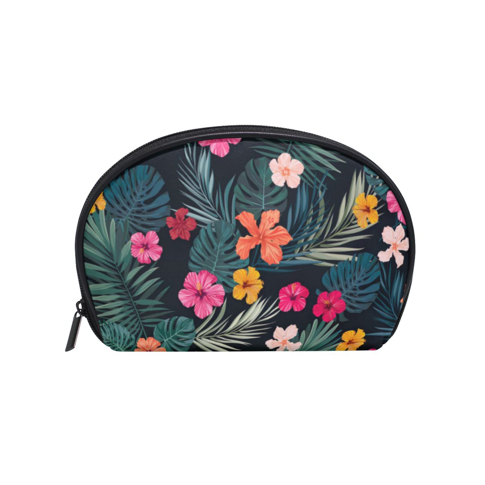Hibiscus Floral Makeup Bag - Small Cosmetic Pouch for Purse, Half Moon Travel Organizer | Perfect for Travel, Gym & Everyday Essentials Storage