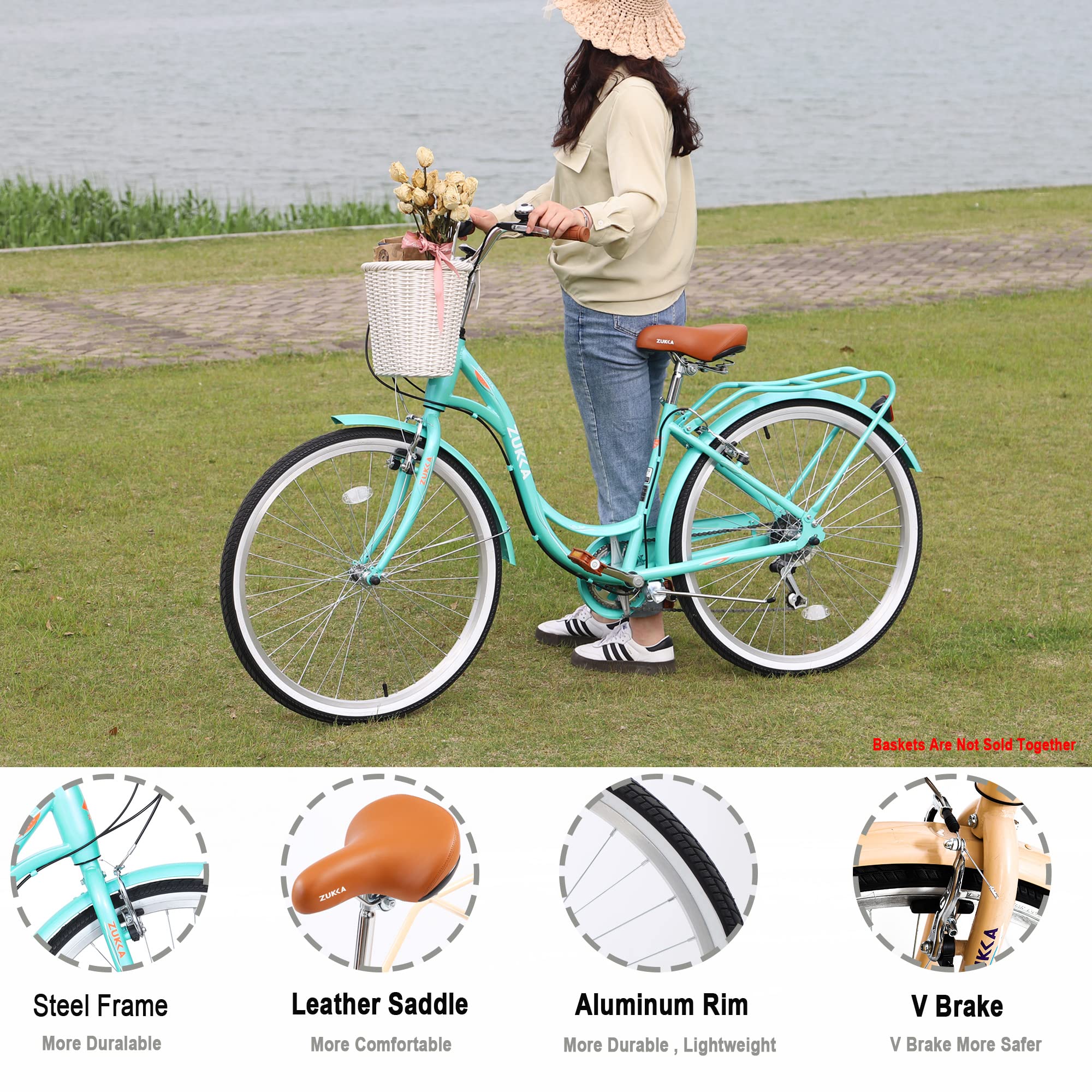 **ZUKKA 24/26 Inch 7-Speed Beach Cruiser Bike for Women & Men – Dual V-Brake, Adjustable Seat, Multiple Colors – Perfect for City Commuting, Beach Rides & Leisure Cycling**