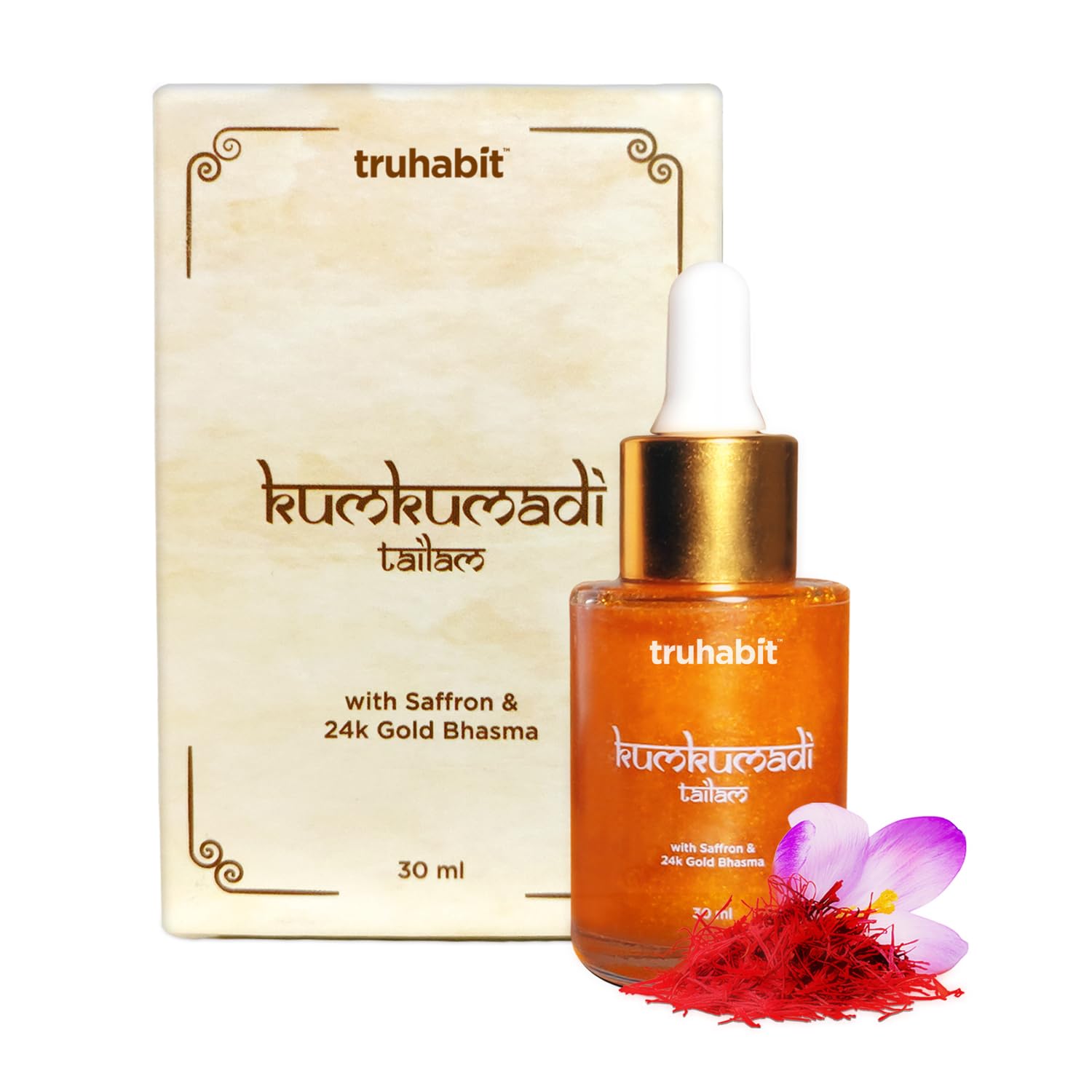 Truhabit Kumkumadi Face Oil (30ml) - Ayurvedic Saffron & 24K Gold Bhasma Serum for Glowing, Brightening & Whitening Skin - Best for Dull Skin Care & Nighttime Facial Treatment