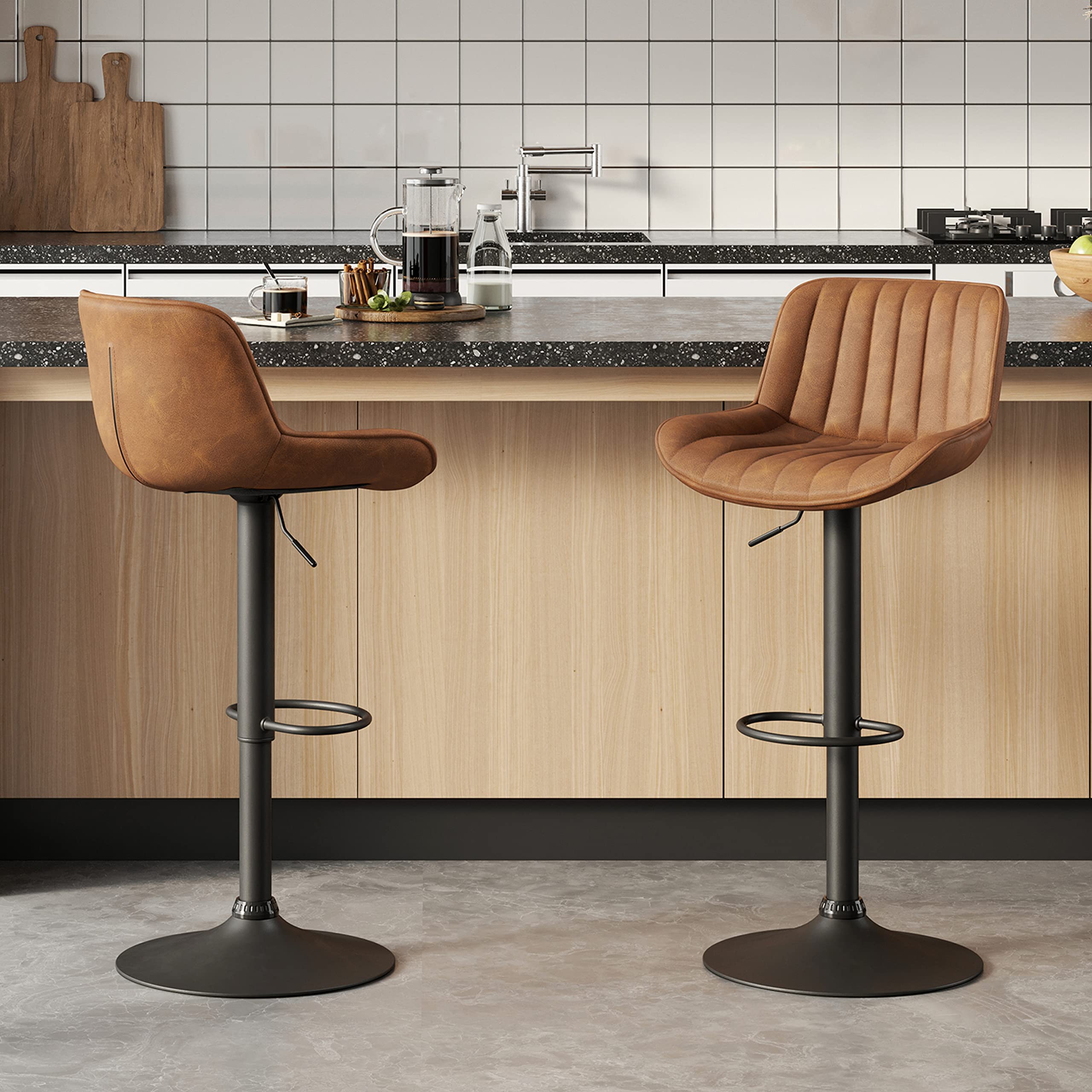 Volans Mid Century Modern Bar Stools Set of 2 - Adjustable Height Swivel Bar Chairs with Faux Leather Upholstery & Black Powder Coated Base - Perfect for Kitchen Islands, Home Bars & Pub Counter Seating (Yellow Brown)