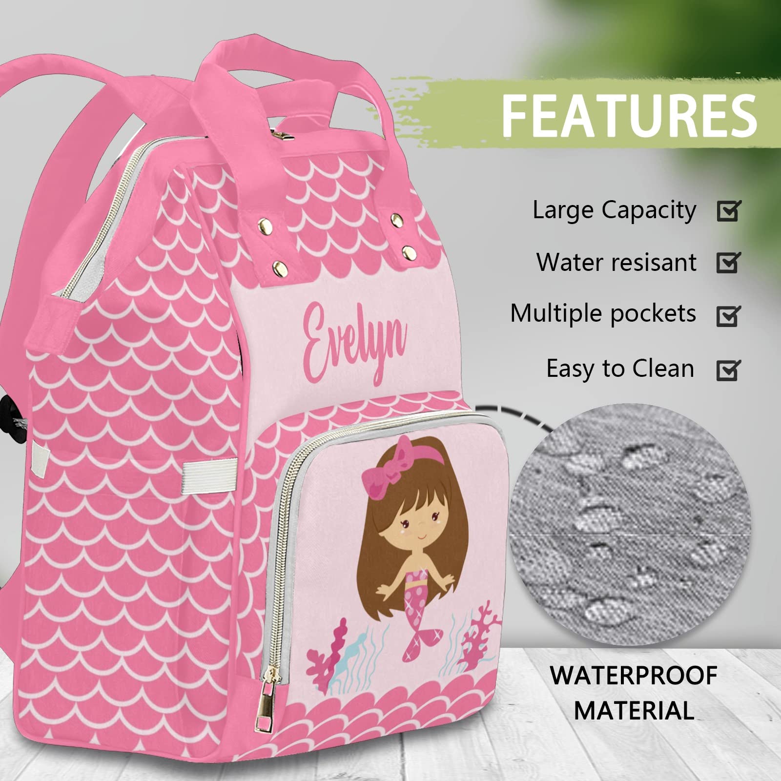 Custom Mermaid Pink Diaper Bag Backpack Tote - Personalized Baby Shower Gift for Moms, Waterproof & Spacious for Travel, Daycare & Outings