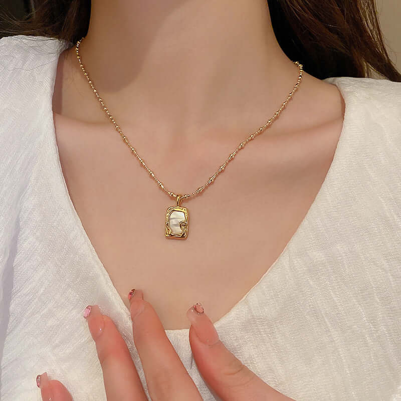 Vintage Mother of Pearl Pendant Necklace with Gold Frame | Elegant Jewelry for Women | Perfect for Weddings, Parties & Special Occasions | HN2121