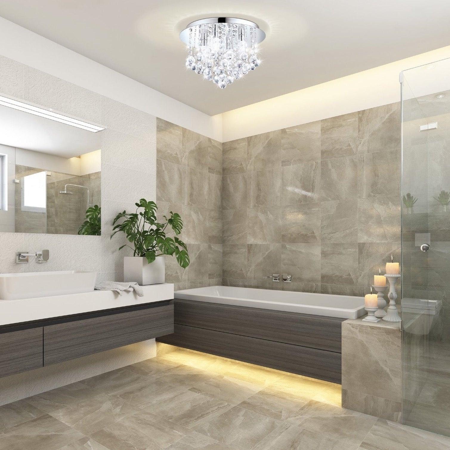 Eglo Almonte Modern Bathroom Ceiling Light - Chrome & Glass Crystal Flush Mount Fixture for Bathroom, Powder Room, Spa - Energy Efficient LED Lighting for Home Decor