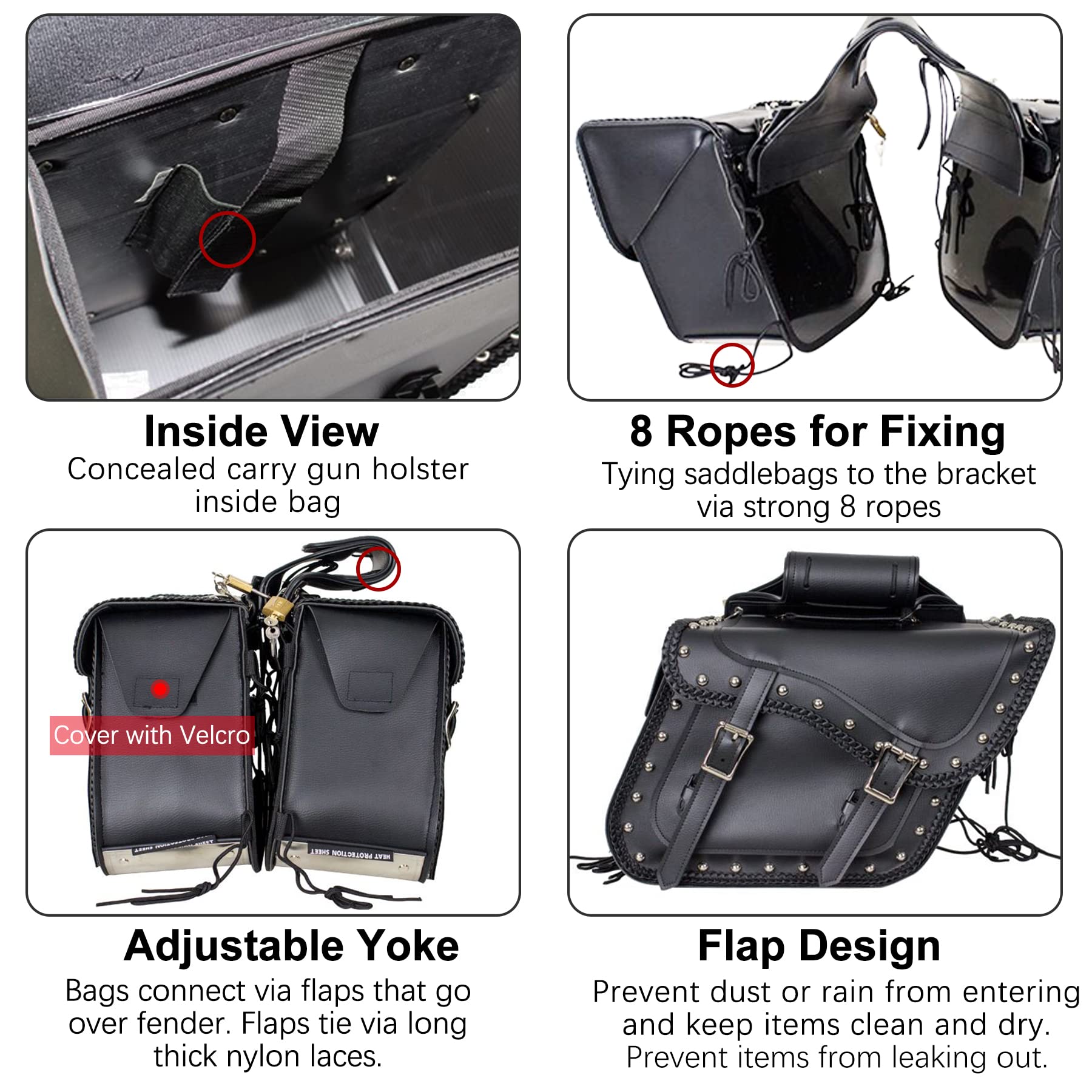 Dream Apparel Faux Leather Motorcycle Saddle Bags - Studded Throw Over Side Bags for Honda Shadow, Sportster, Softail & Dyna V-Star (Black) | Durable PVC Motorcycle Storage for Cruiser Bikes | Perfect for Road Trips & Daily Commuting