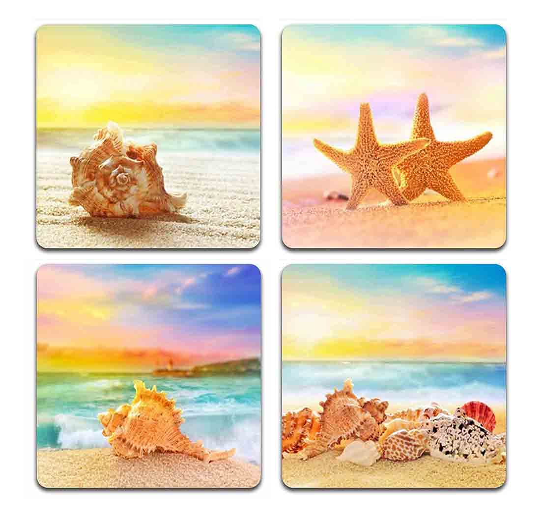 Eco-Friendly Beach Shells Square Coaster Set of 4 - Polyester Fabric & Recycled Rubber Drink Coasters - Perfect for Summer Parties, Beach House Decor, and Outdoor Entertaining