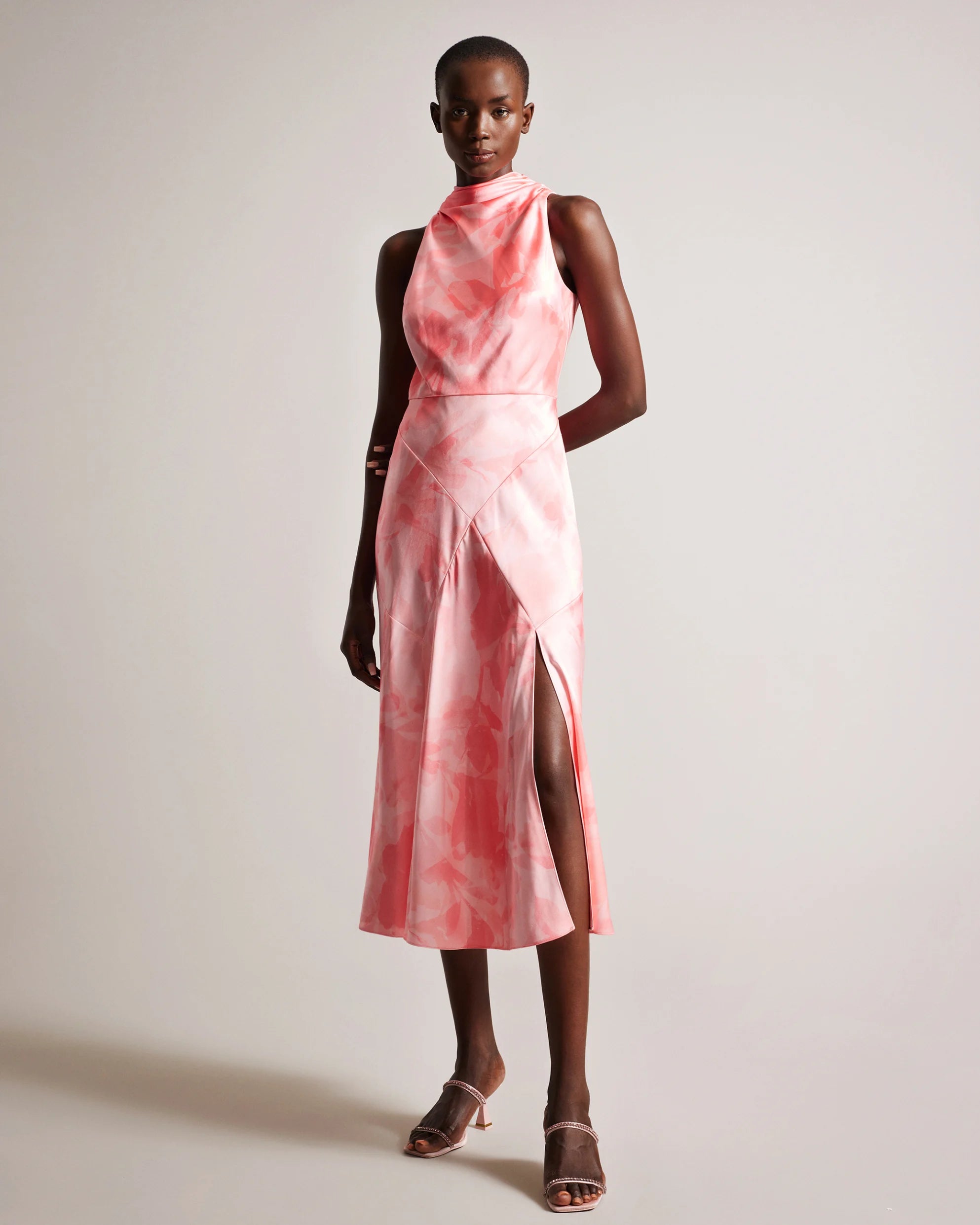 Foreste Cowl Neck Bias Cut Midi Dress in Coral - Elegant Flowy Women's Dress for Parties, Weddings & Date Nights