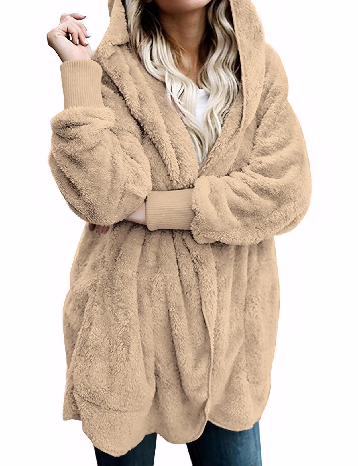 Zilcremo Women's Hooded Fuzzy Fleece Cardigan Jacket - Winter Open Front Cozy Coat with Pockets for Casual Wear & Outdoor Activities