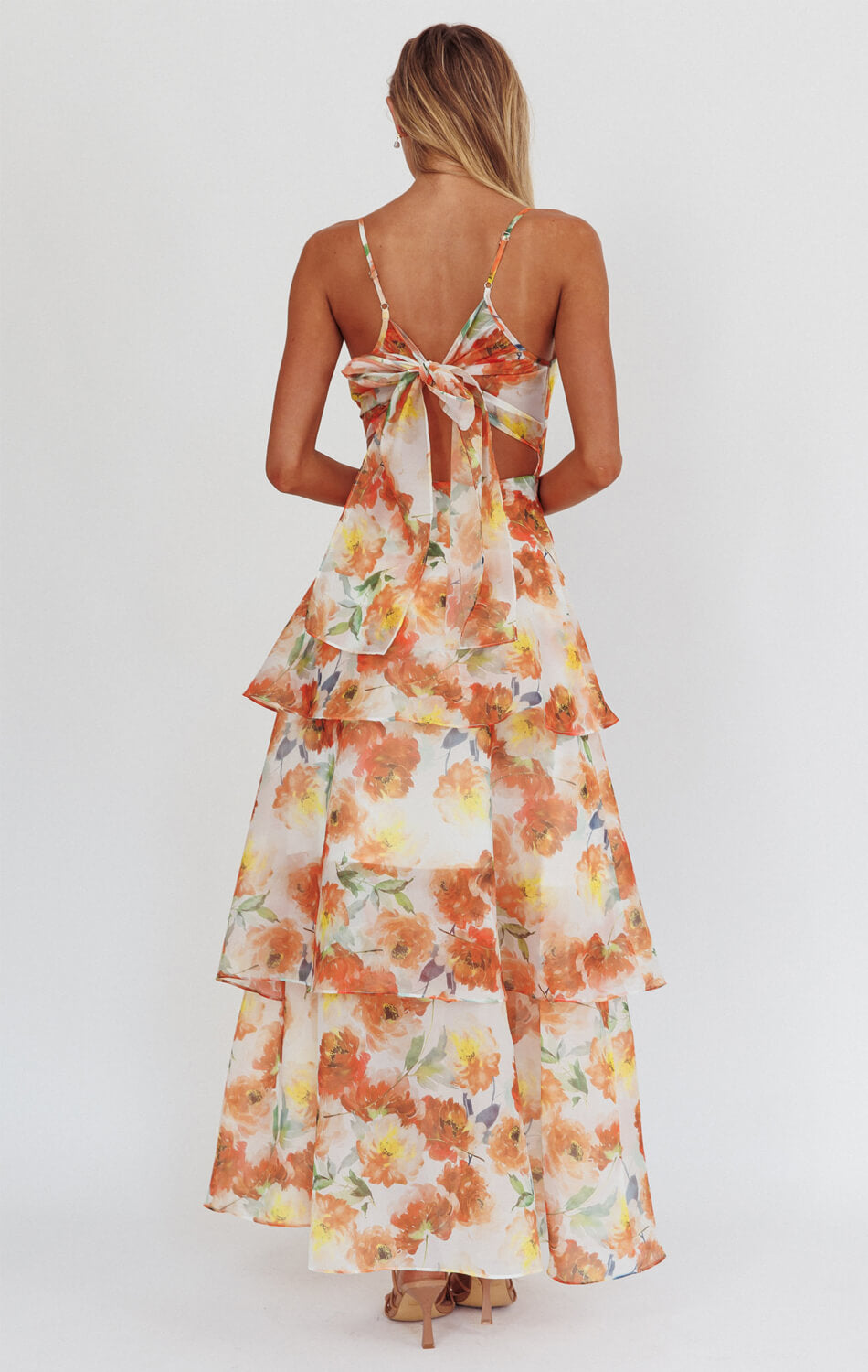 Makenna Maxi Dress - Orange Floral Organza Tiered Summer Dress for Women | Beach Wedding, Vacation & Party Wear
