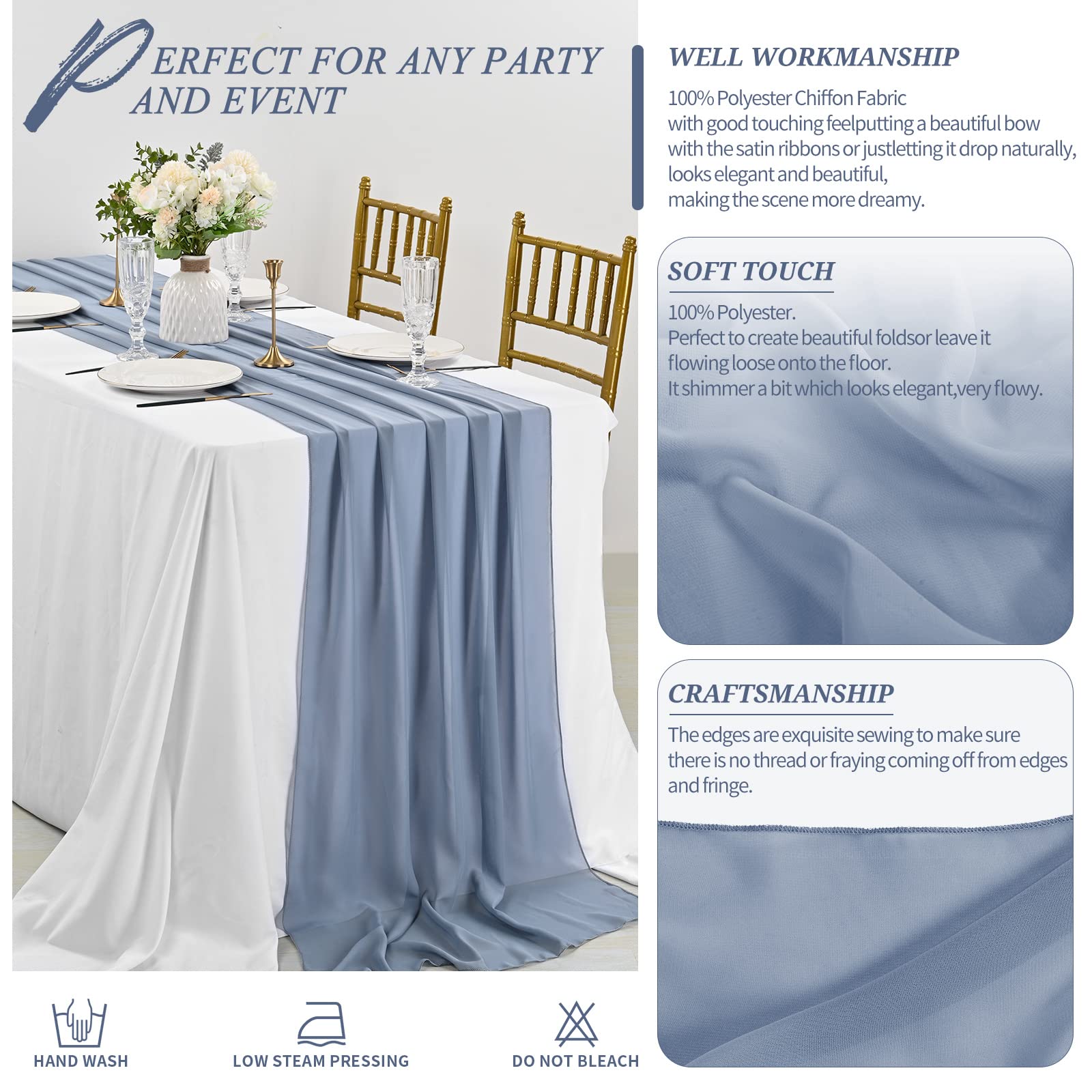 12 Pcs 10Ft Chiffon Table Runner, 28x120 Inches Dusty Blue Romantic Sheer Gauze Table Runners for Wedding, Bridal Shower, Baby Shower, Birthday Party, Cake Table Decor - Elegant & Lightweight for Indoor & Outdoor Events