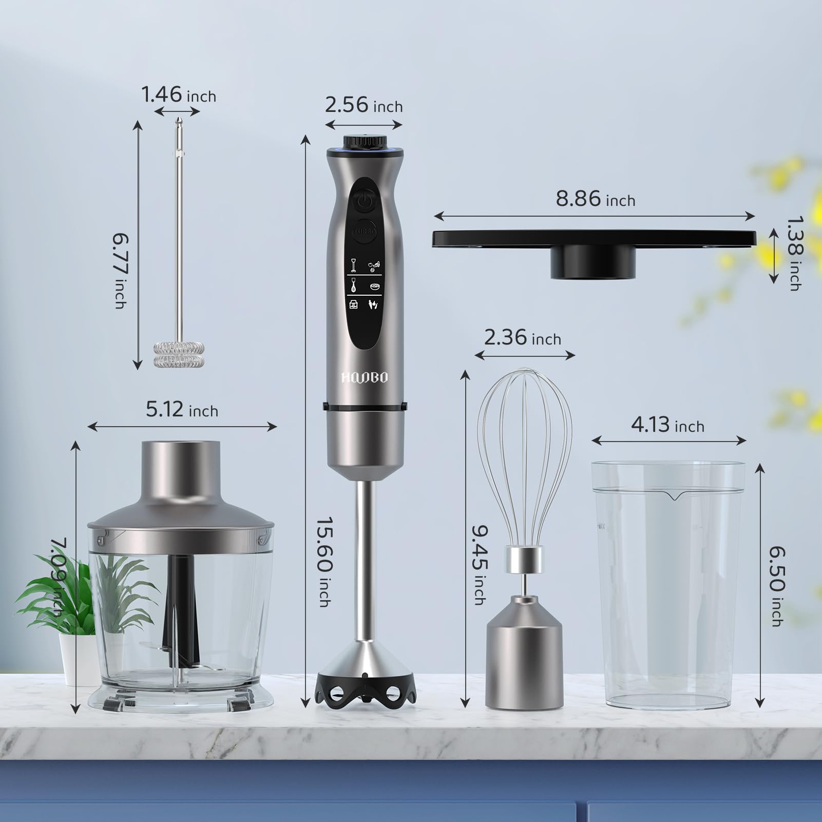 **1000W Powerful Immersion Blender Handheld - Variable Speed & Turbo Mode, Low-Noise, Scratch-Resistant - Includes Beaker, Chopper & Whisk - Perfect for Smoothies, Soups, Sauces & Milk Frothing**