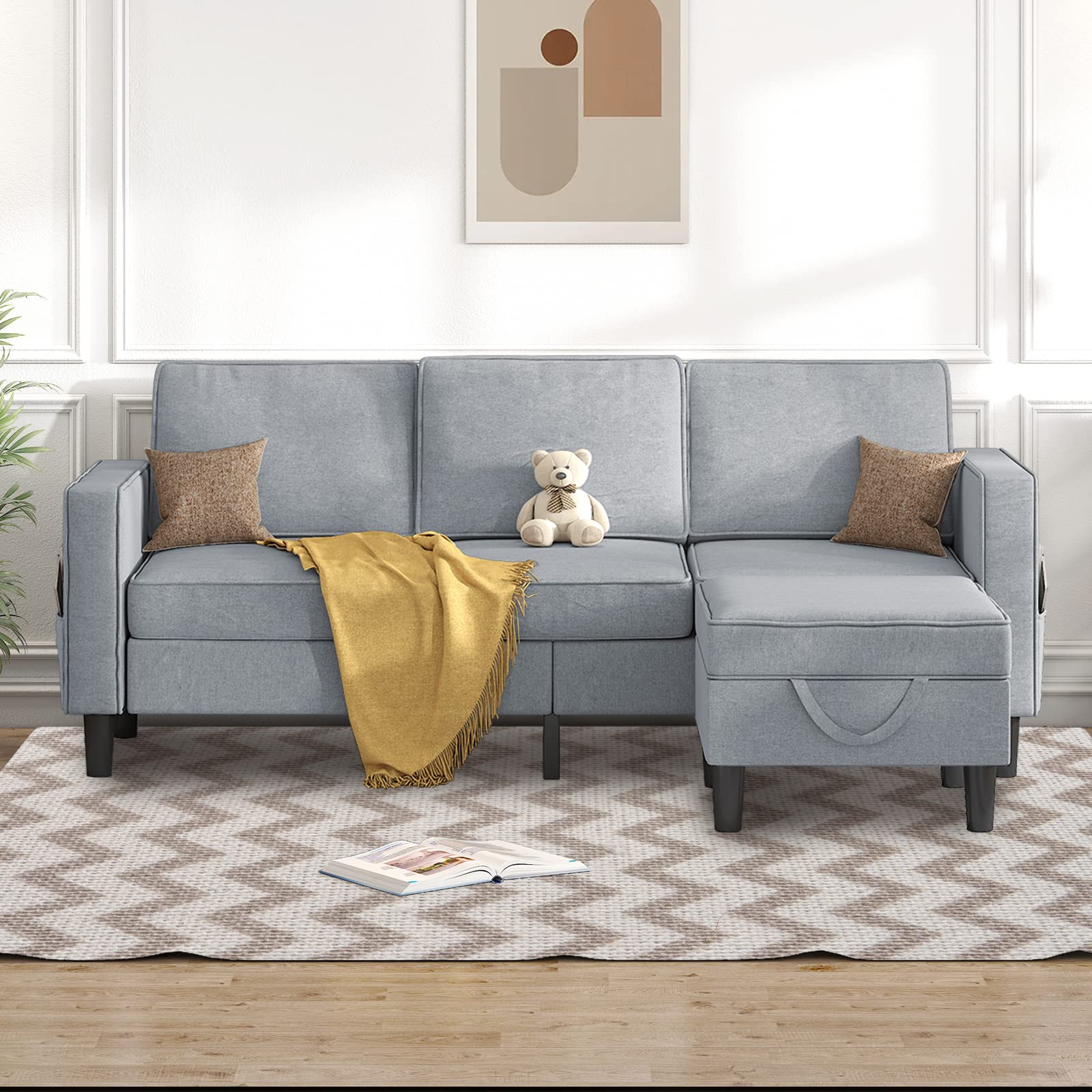 Modern L-Shaped Sectional Sofa with Storage Ottoman - Convertible Linen Couch for Small Spaces, Apartments & Living Rooms (Light Grey) | Perfect for Compact Homes, Studio Apartments & Cozy Living Areas