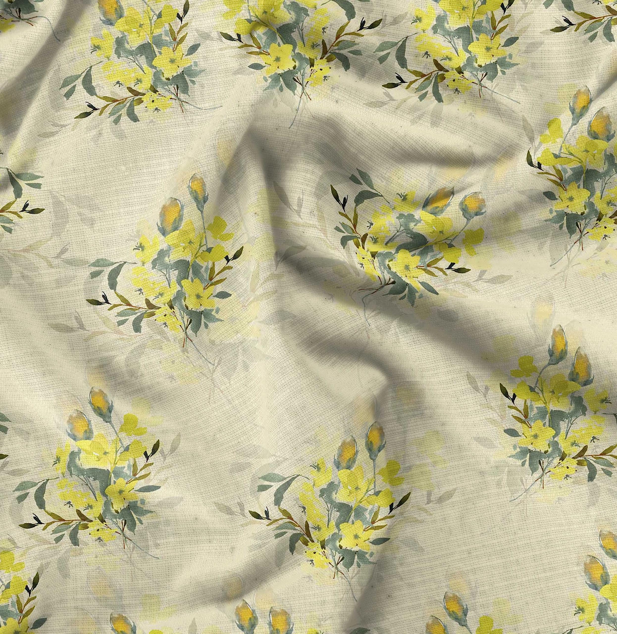 Soimoi Cotton Voile Fabric - Yellow Floral Print - 56